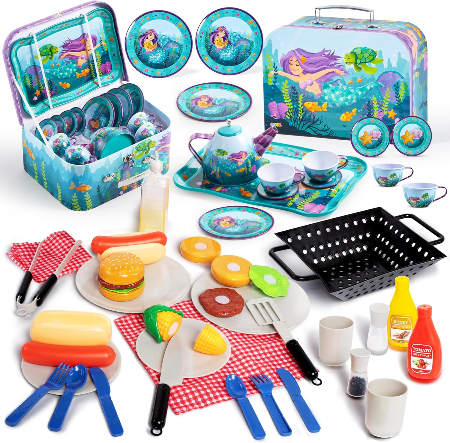 JOYIN 15Pcs Mermaid Castle Tea Set for Toddlers, Princess Tea Party Set Kitchen Toy with Teapot, 27 PCS Kids BBQ Grill Playset Backyard Barbecue Play Grill Toy Set for Toddlers，Play Food Sets for Kids