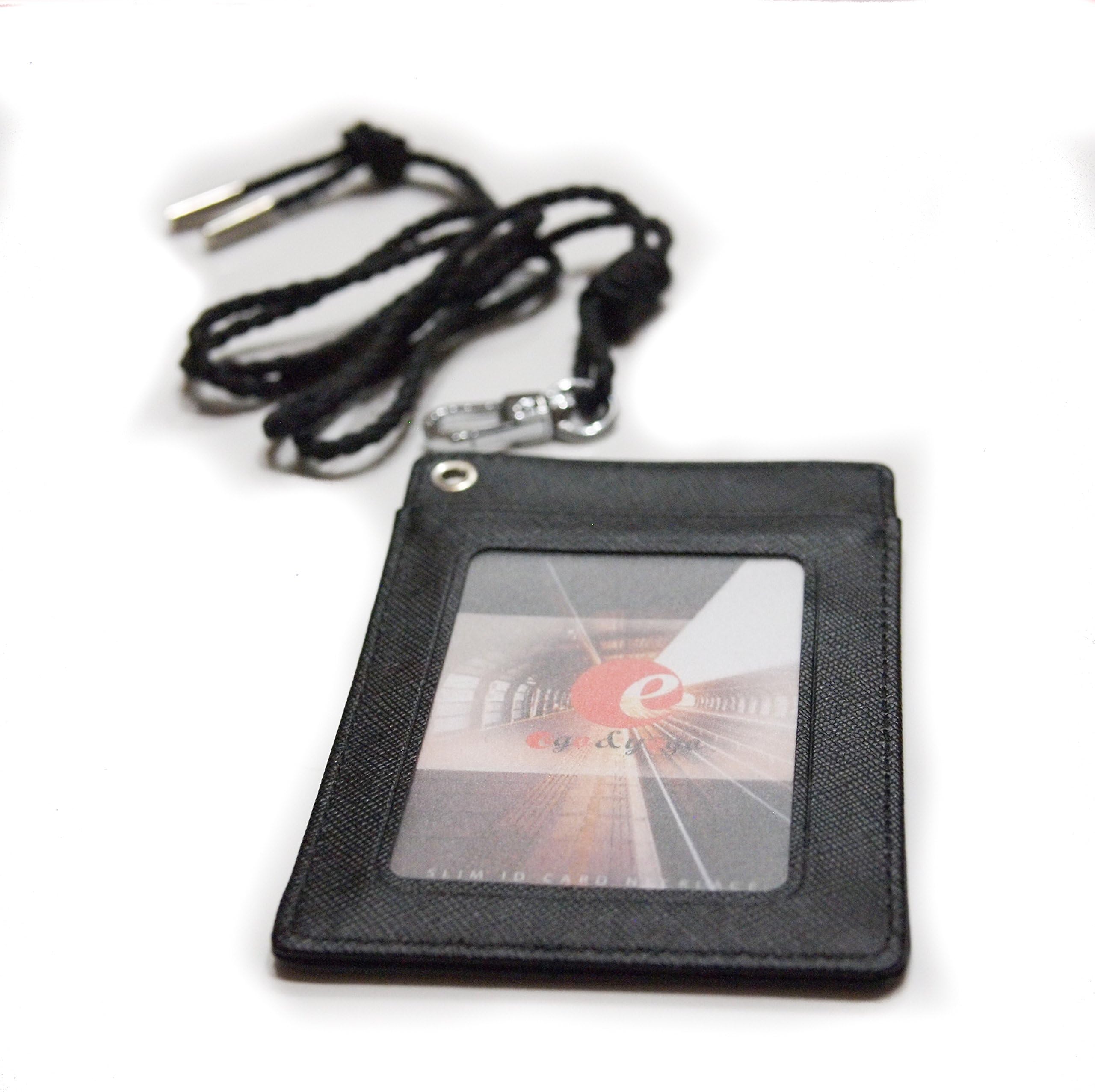 ego&yogo Slim ID Card Necklace Holder - Perfect for Badge, Key Card, Student ID, Employee ID, Metro Card, and Credit Card Holder with Detachable Soft Braided Lanyard Neck Strap (Black)