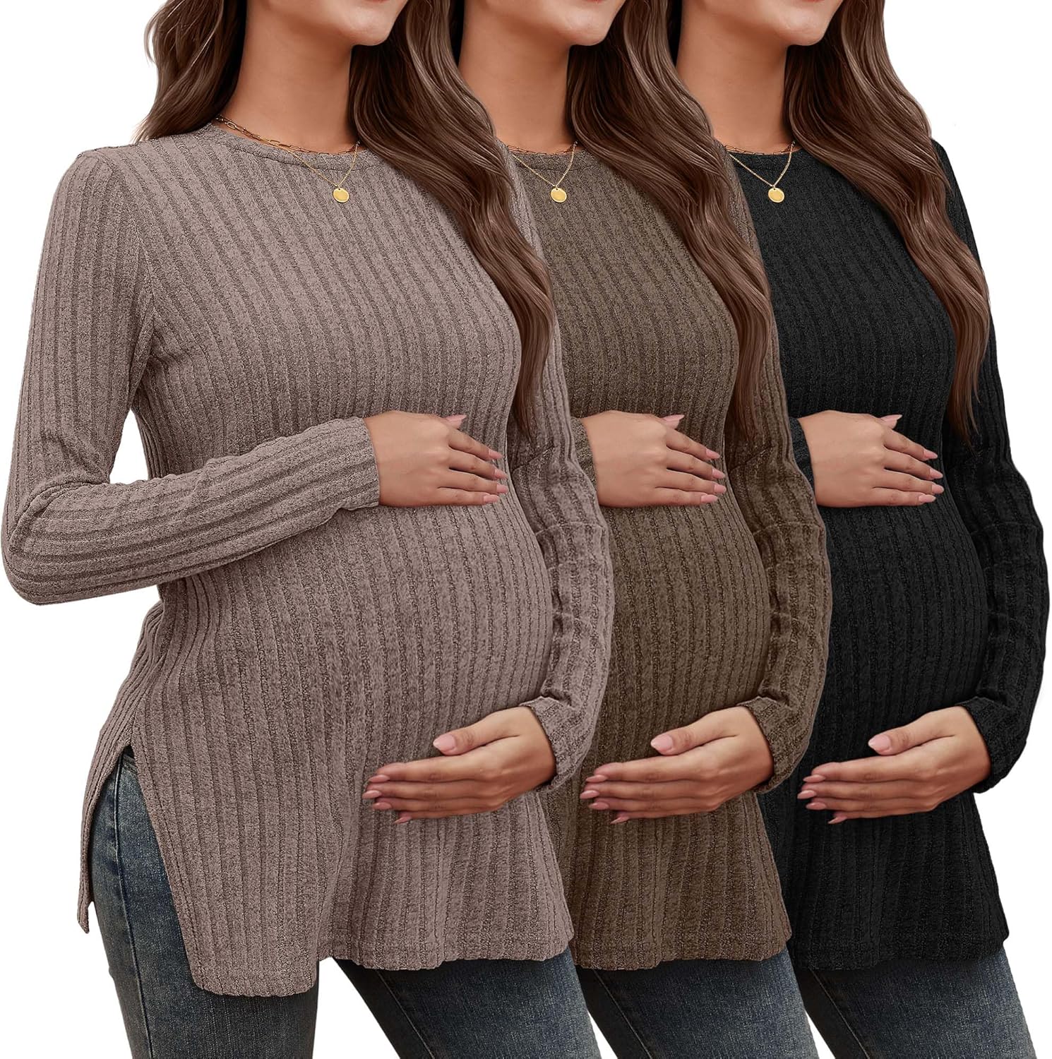 3 Pack Women's Maternity Shirts, Ribbed Long Sleeve Pregnancy Sweaters Knit Split Side Crew Neck Tunic Tees Tops