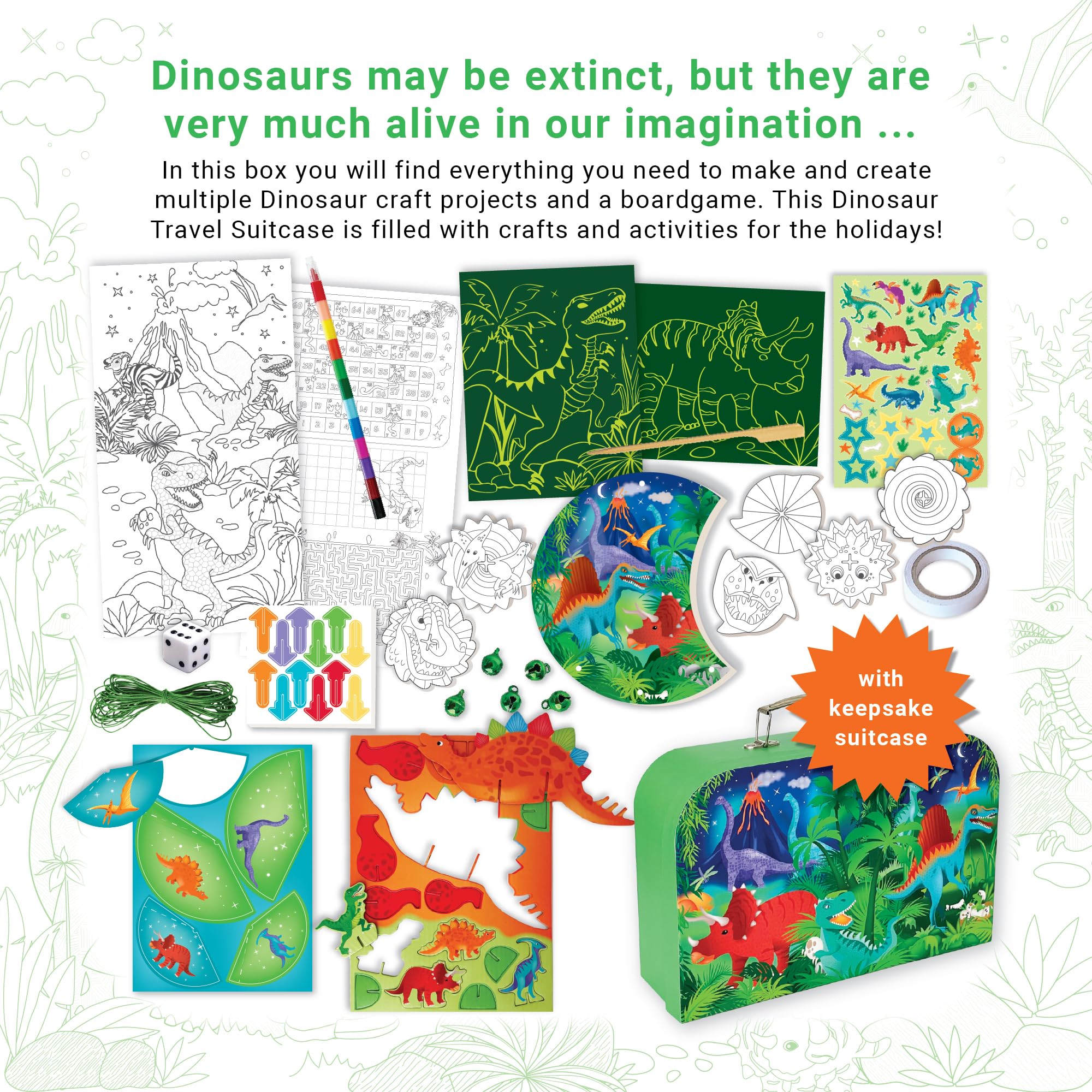 BOX CANDIY Dino Adventure Travel Craft Set - Colouring, Scratch Art, 3D Figures, Stickers & More in Suitcase - Image 3