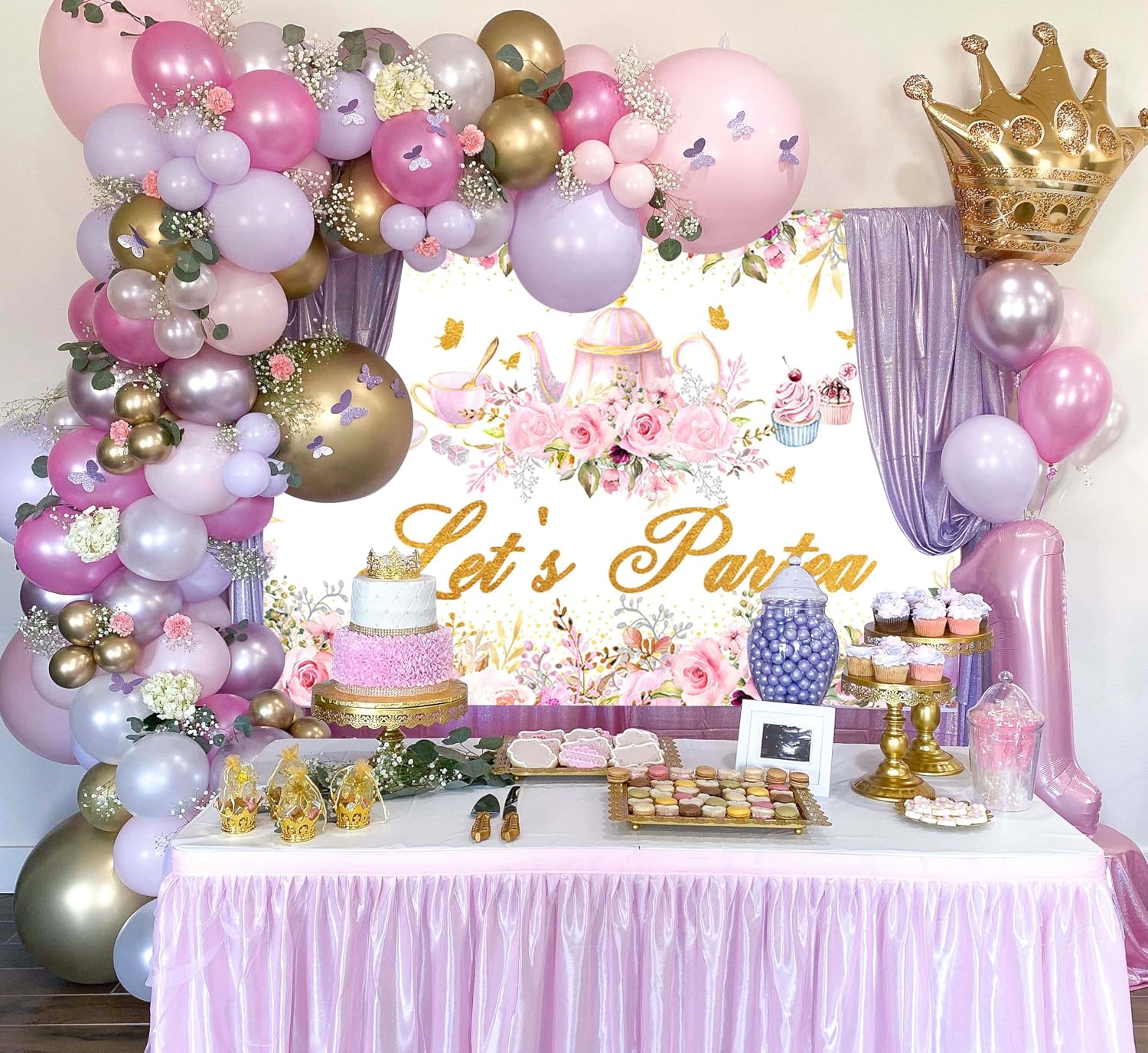 Avezano Tea Party Backdrop Floral Butterfly Glitter Let's Partea Banner Afternoon Tea Baby Shower Birthday Party Decorations 70.8 x 43.3 Inch (Pink)