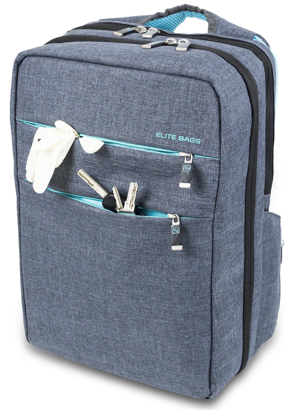 ELITE BAGS, Mochila de asistencia domiciliaria para emergencias sanitarias, City´s, 40 x 28 x 14 cm, Repelente al agua, Base antideslizante, Mochila primeros auxilios, Biotono, Gris y azul