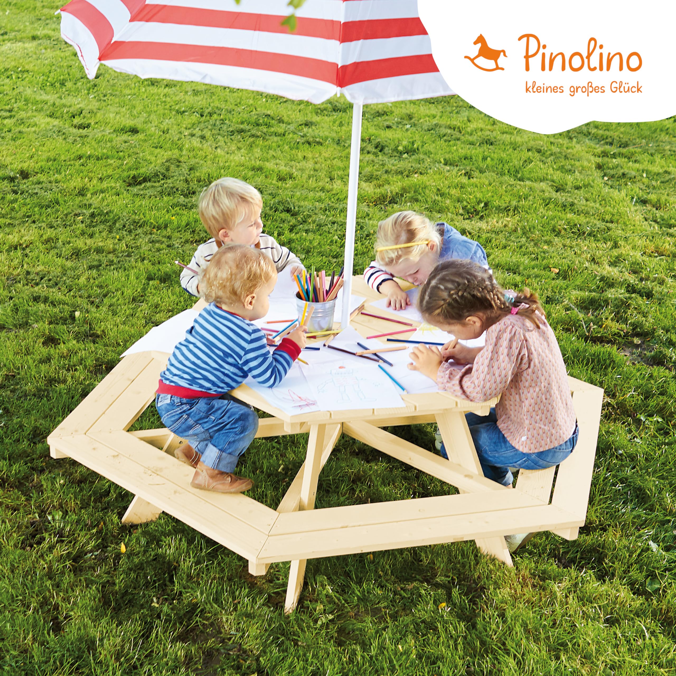 Pinolino Nicki Seggiolino Esagonale Legno massello 6 panche 1 Tavolo Bambini 2 Anni Naturale