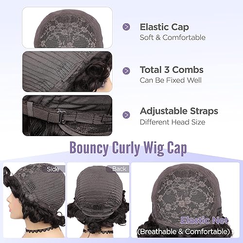 Miniatura 7 de Peluca rápida de cabello humano, peluca corta y rizada para mujeres negras, sin encaje, peluca rizada grande con flequillo, corte pixie, pelucas