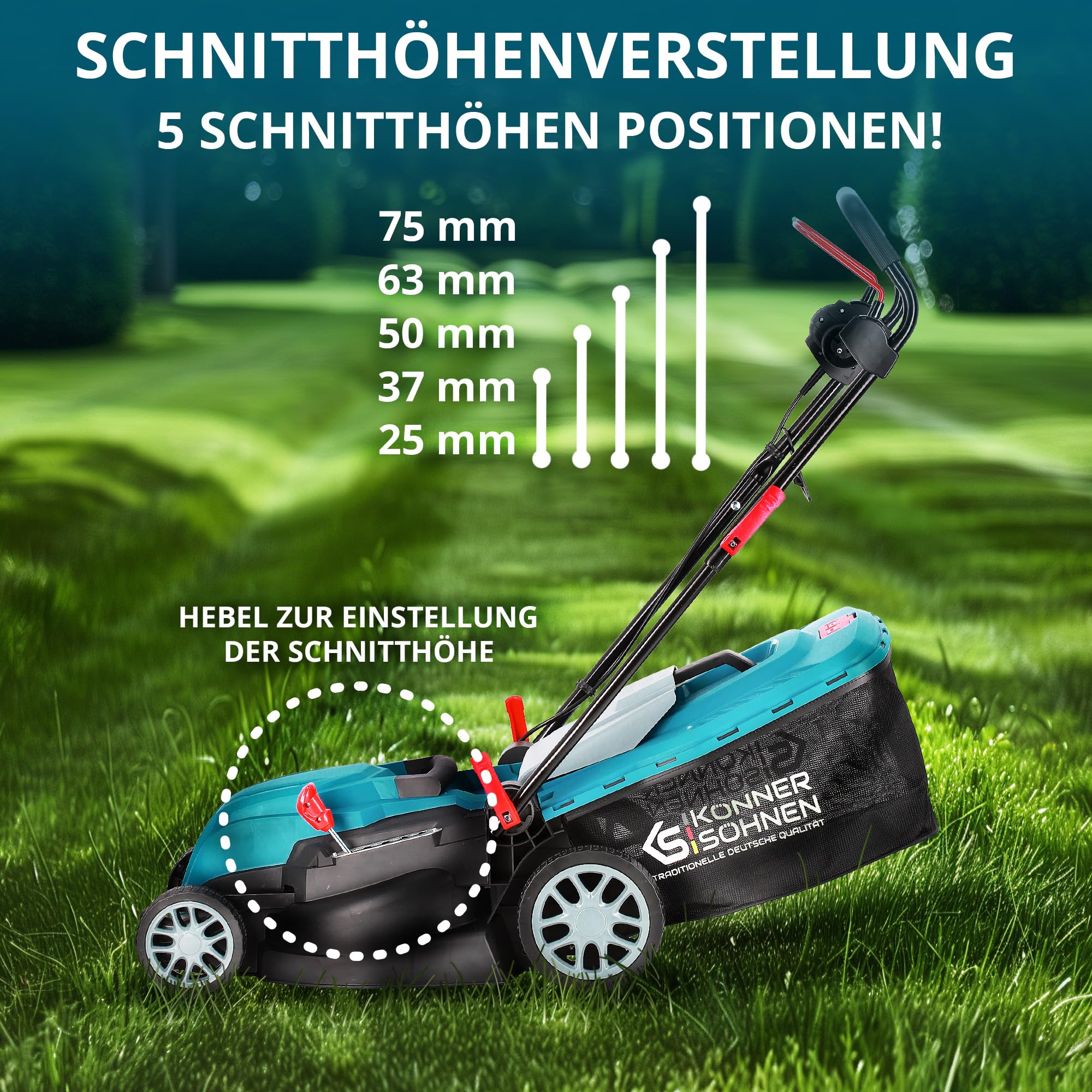 K&S Könner&Söhnen KS 38LM kosiarka elektryczna 1400 W, prędkość obrotowa biegu jałowego 3250 obr./min, szerokość cięcia 380 mm, wysokość cięcia 25-75 mm, 5 pozycji, pojemnik na trawę 40 l + KS GT-250