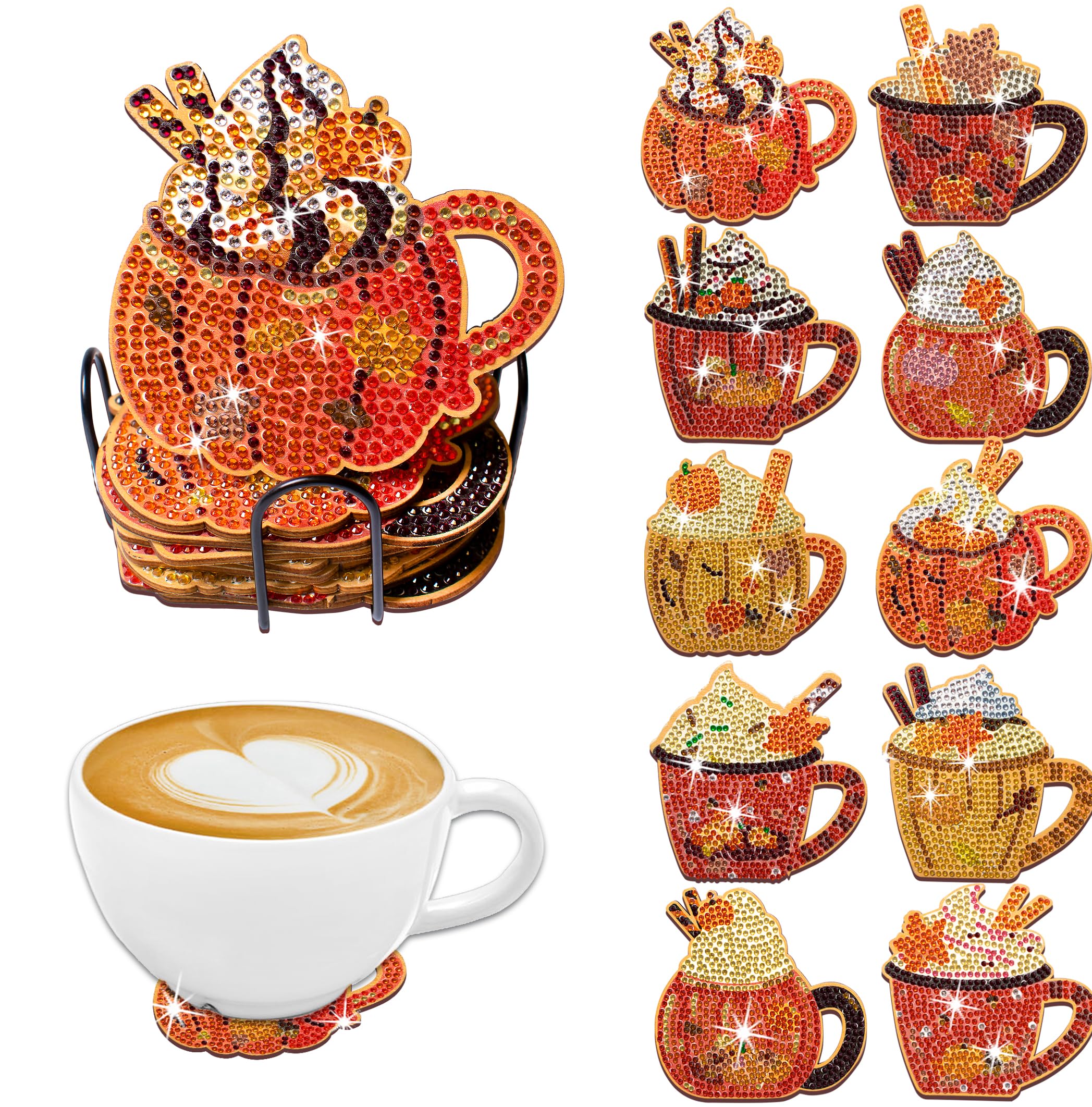 Coaroly 10PCS Autumn hot Cocoa Diamond Painting Coasters with Stand,DIY Art Coasters,Coffee Liners for Any Beverage,Diamond Art Painting Kit for Beginners,Craft Supplies for Adults Gifts