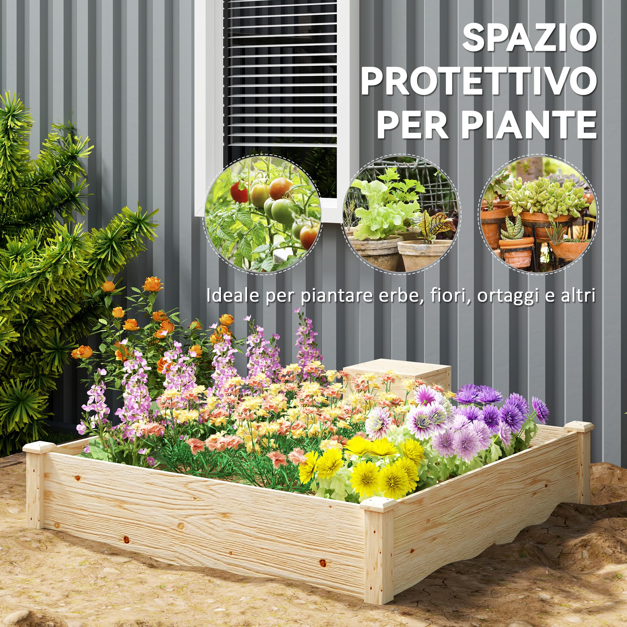 Outsunny Letto per Orto Rialzato da Esterno 123x123x25.5 cm Color Legno | Con Compostiera, Fondo Aperto, Fioriera da Esterno in Legno di Abete, per Piante e Fiori