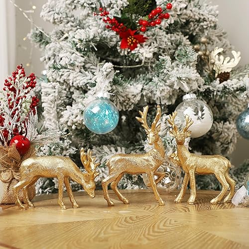 Miniatura 7 de Lulu Home 3 piezas de decoraciones de mesa navideñas, figuras familiares de renos dorados de resina con diversas posturas, centros de mesa de