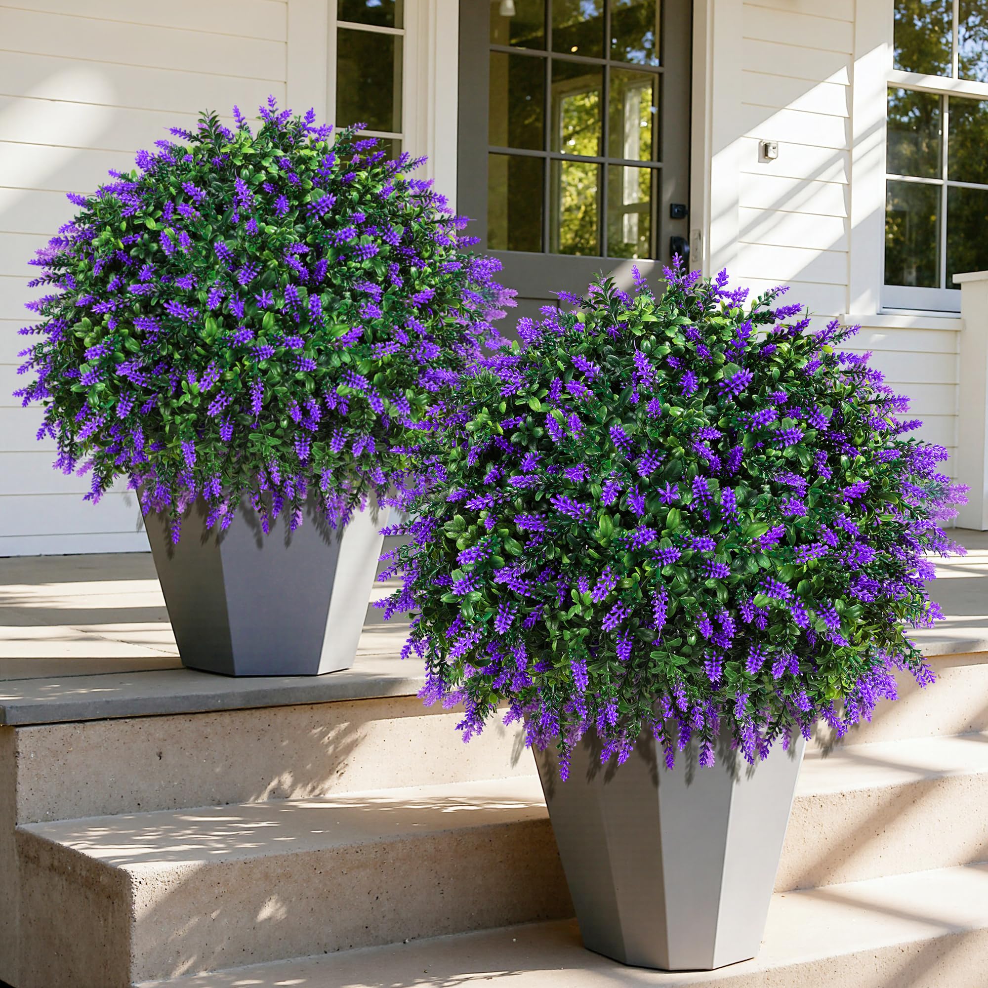 Photo 1 of HyeFlora 26'' Artificial Topiary Boxwood Ball Trees with Lavender 2 Pack Fake Plants for Outdoor Indoor Artificial Shrubs with Ground Spike UV Resistant Fake Bushes for Front Porch Garden (Purple)