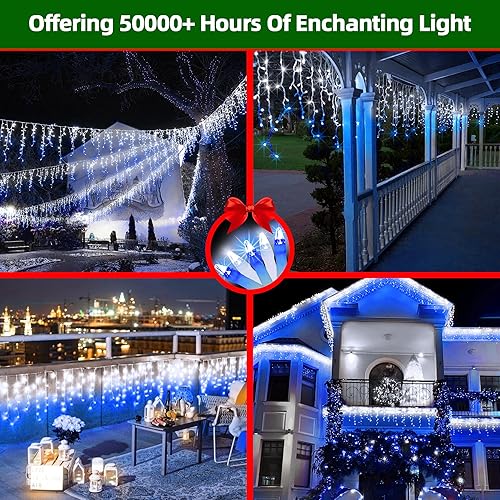Miniatura 8 de 1296 luces LED de Navidad para exteriores con 288 gotas, guirnalda de luces de Navidad de 131 pies con 8 modos de temporizador, luces parpadeantes