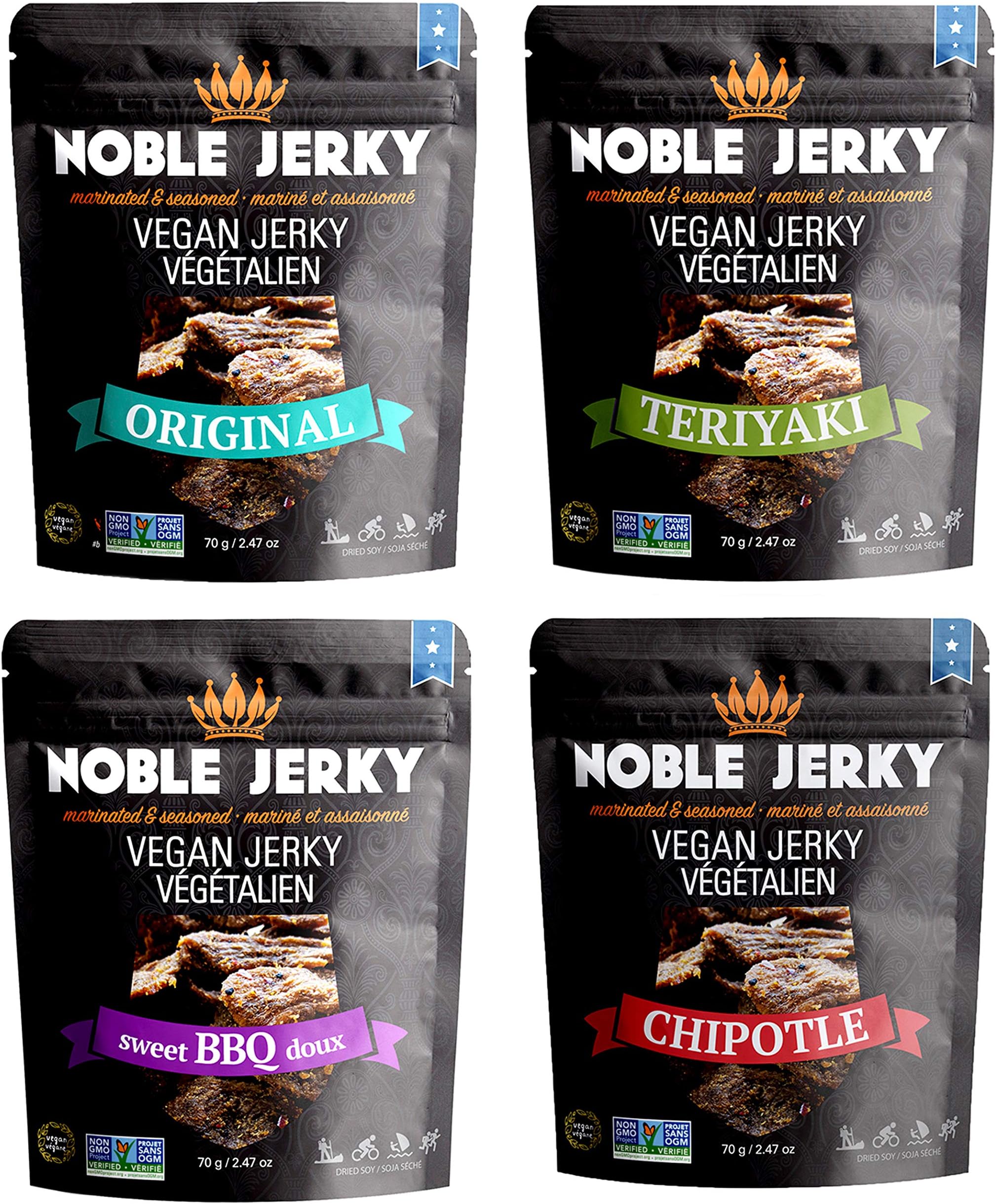 Noble Jerky – Vegan Jerky, Healthy Plant-Based Protein Snack, Vegetarian, Non-GMO, 4 Pack (Original, BBQ, Teriyaki, Chipotle), (2.47oz Bags), 14g Protein Per Bag, Energy Boost