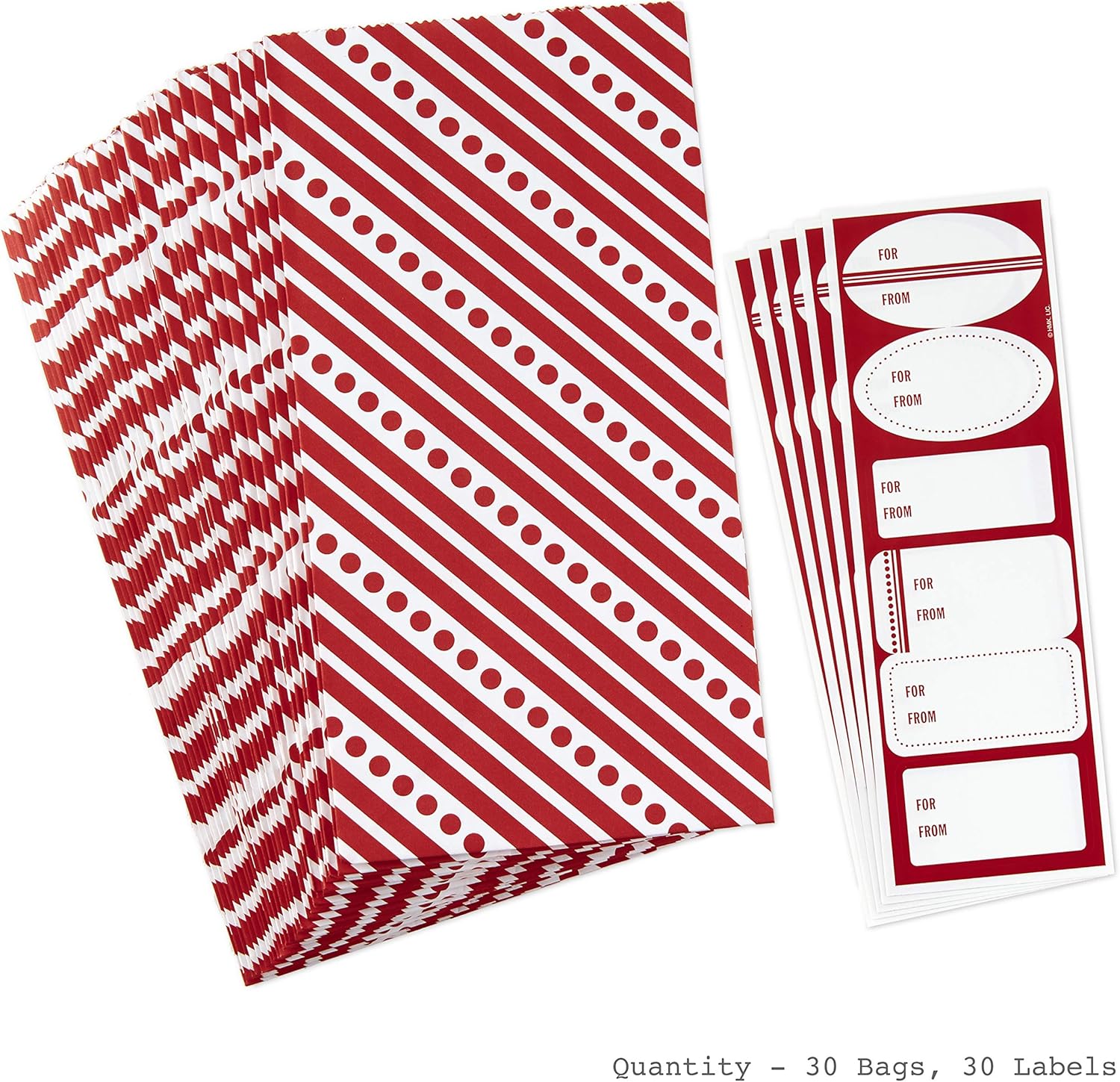 Best Cyber Monday 🔥 Hallmark Red and White Stripe Party Favor and Wrapped Treat Bags with Gift Tag Stickers (30 Bags, 30 Labels) for Christmas, Valentines Day, Birthdays, May Day, Care Packages and More