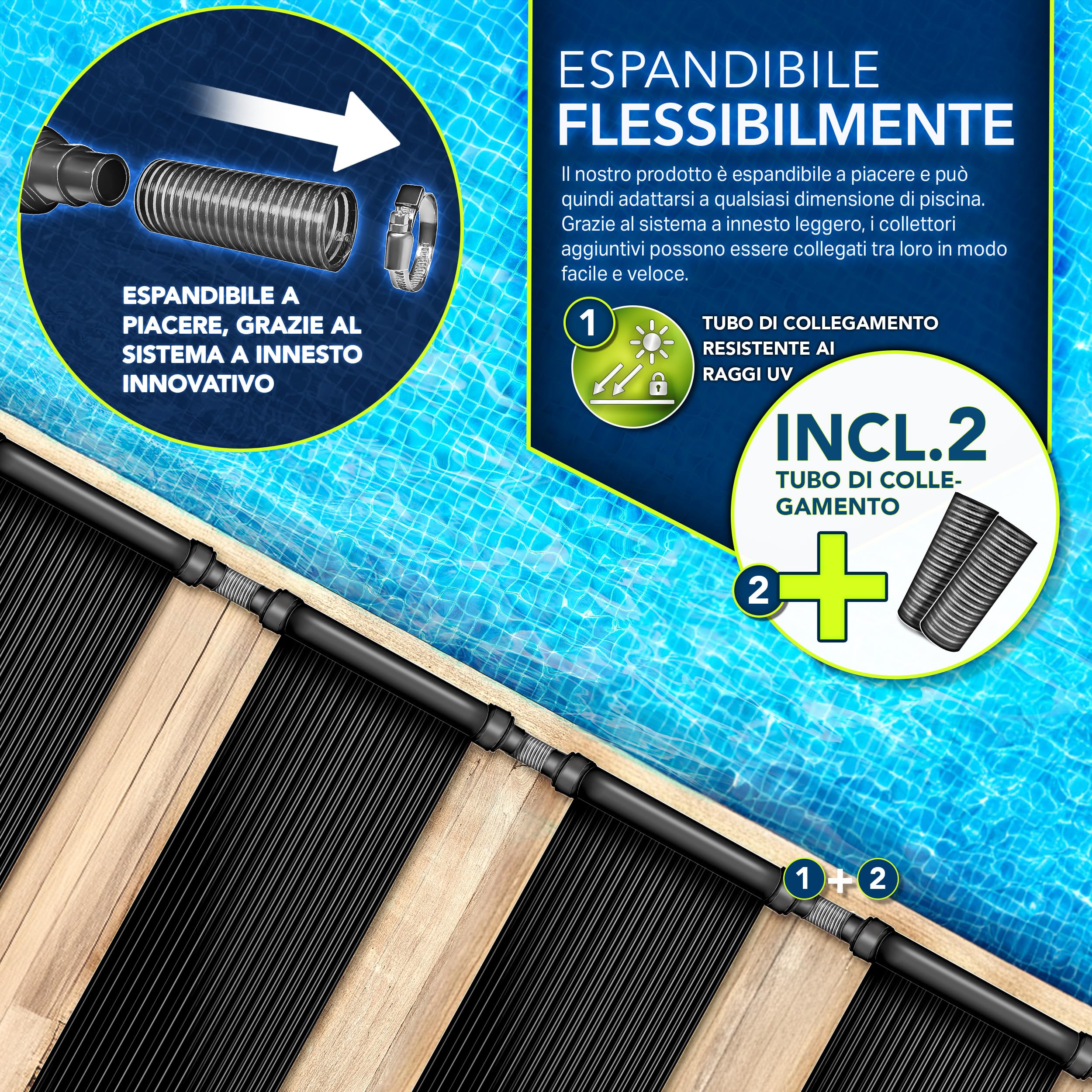 tillvex Pannello Solare per Piscina e Fuori Terra | Riscaldamento Solare Ecologico | Set Completo per Riscaldamento Piscina | Tappeto Solare| Collettore Solare per Acqua Calda (120 x 600 cm) | Tappetino solare espandibile, set completo di accessori per pi