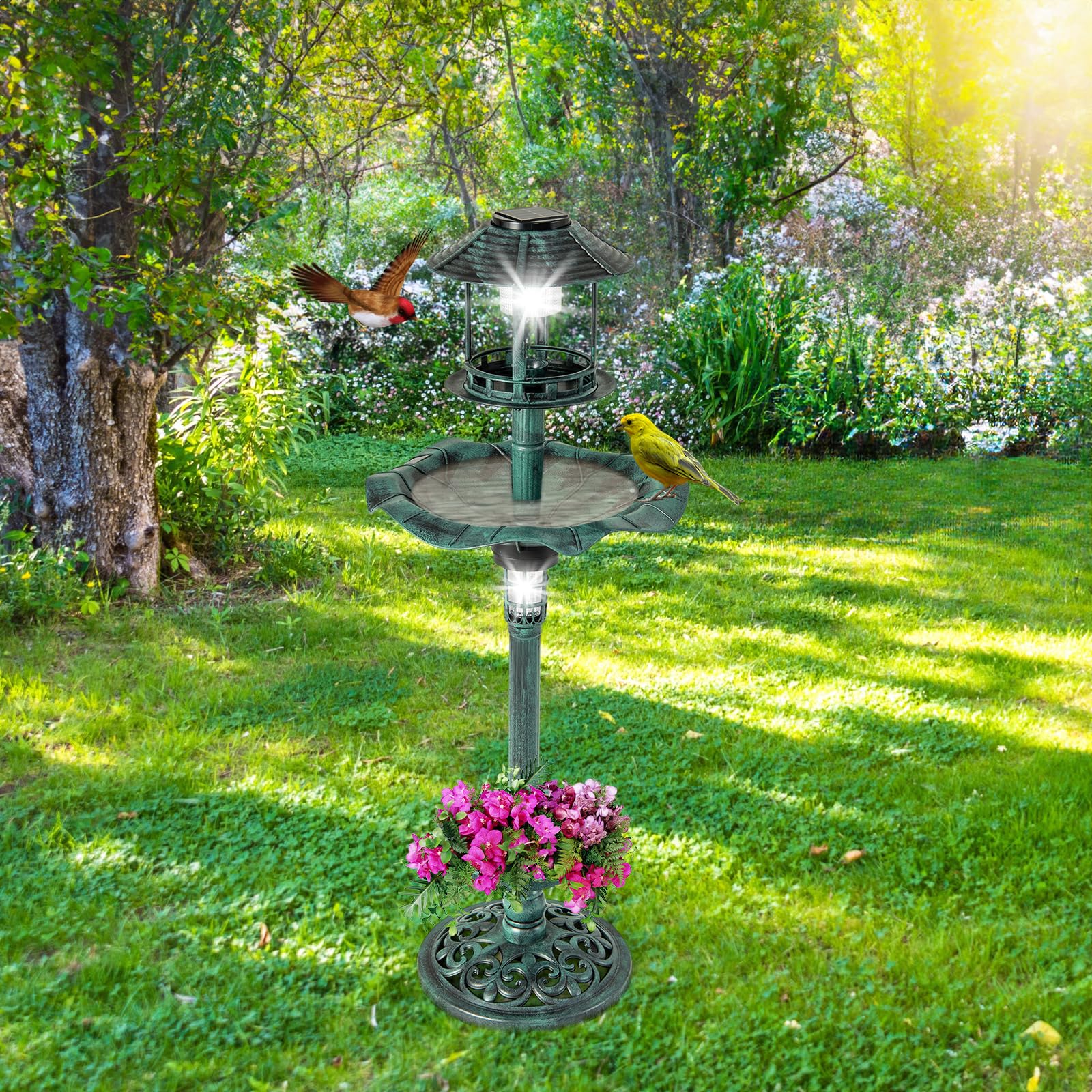 GYMAX Comedero y Baño para Pájaros Exterior, Bebedero Pajaros con 2 Lámparas Alimentadas por Energía Solar, Macetero de Flores, Soporte Rellenable, Bañeras para Decorativas de Jardín y Bosque