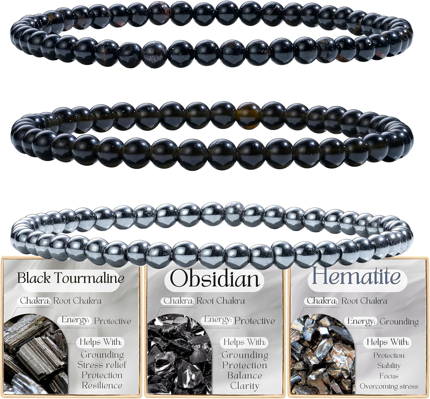 Bivei 3-delige armband van natuurstenen, elastische parelarmband voor dames, handgemaakte natuurstenen armband voor yoga, meditatie, bescherming en cadeau, 8mm, Steen, Zonder steen