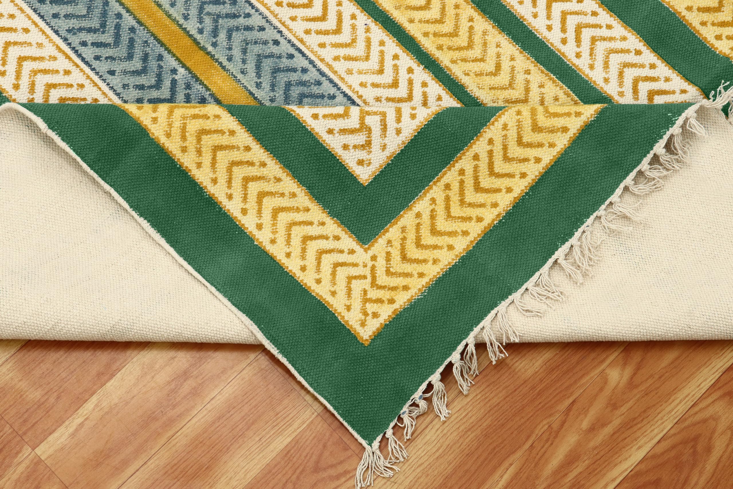 Kelim-Teppich, Baumwolle, Dhurrie-Teppich, für drinnen und draußen, Flachgewebe, stark frequentiert, für Schlafzimmer, Esszimmer, Wohnzimmer, 25,4 x 35,6 cm, Gelb und Grün