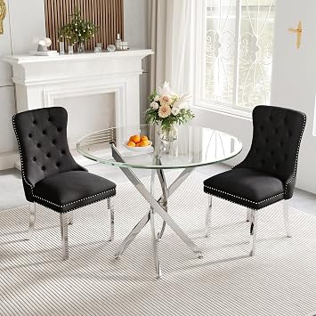 AF ARTISAN FURNITURE 36" Round Glass Dining Table Set for 2, 3-Piece Modern Kitchen Table with 2 Black Velvet Chairs, Dining Room Table Set for Apartments Small Spaces Silver Leg