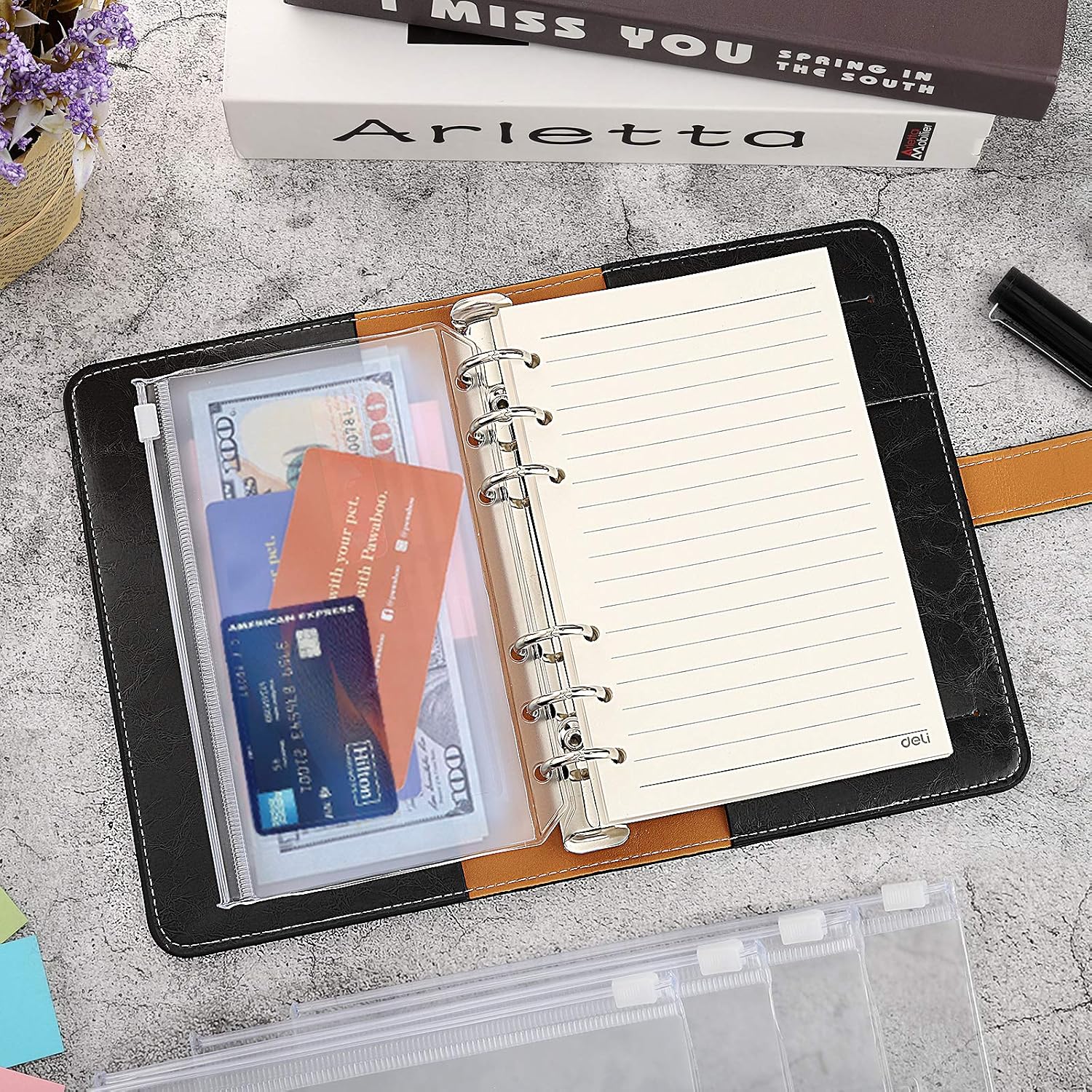 Housolution A6 Money Binder, Vintage PU Leather Budget Binder Refillable 6 Ring Binder, Money Orgnaizer with 12 PCS Label Pocket Cash Envelope Pockets & 12 Random Color Paperboards, Vintage Black