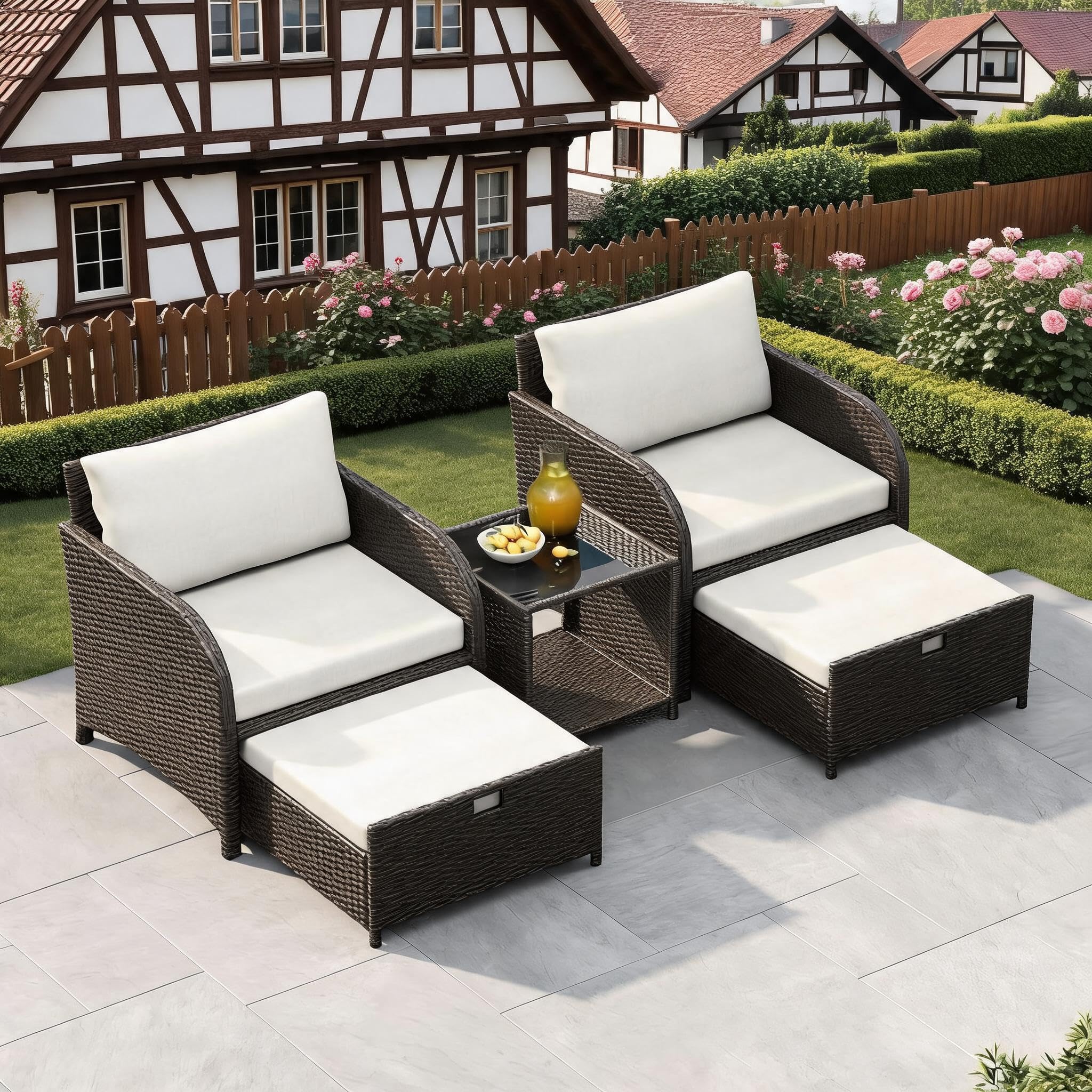 5-TLG Rattan Gartenmöbel Set, Balkonmöbel mit 2 Gepolsterte Sessel & 2 Hocker & 2-stöckiger Kaffeetisch, Wetterfeste Terrassenmöbel mit Sitzkissen für Garten, Terrasse, Indoor Balkon, Beige