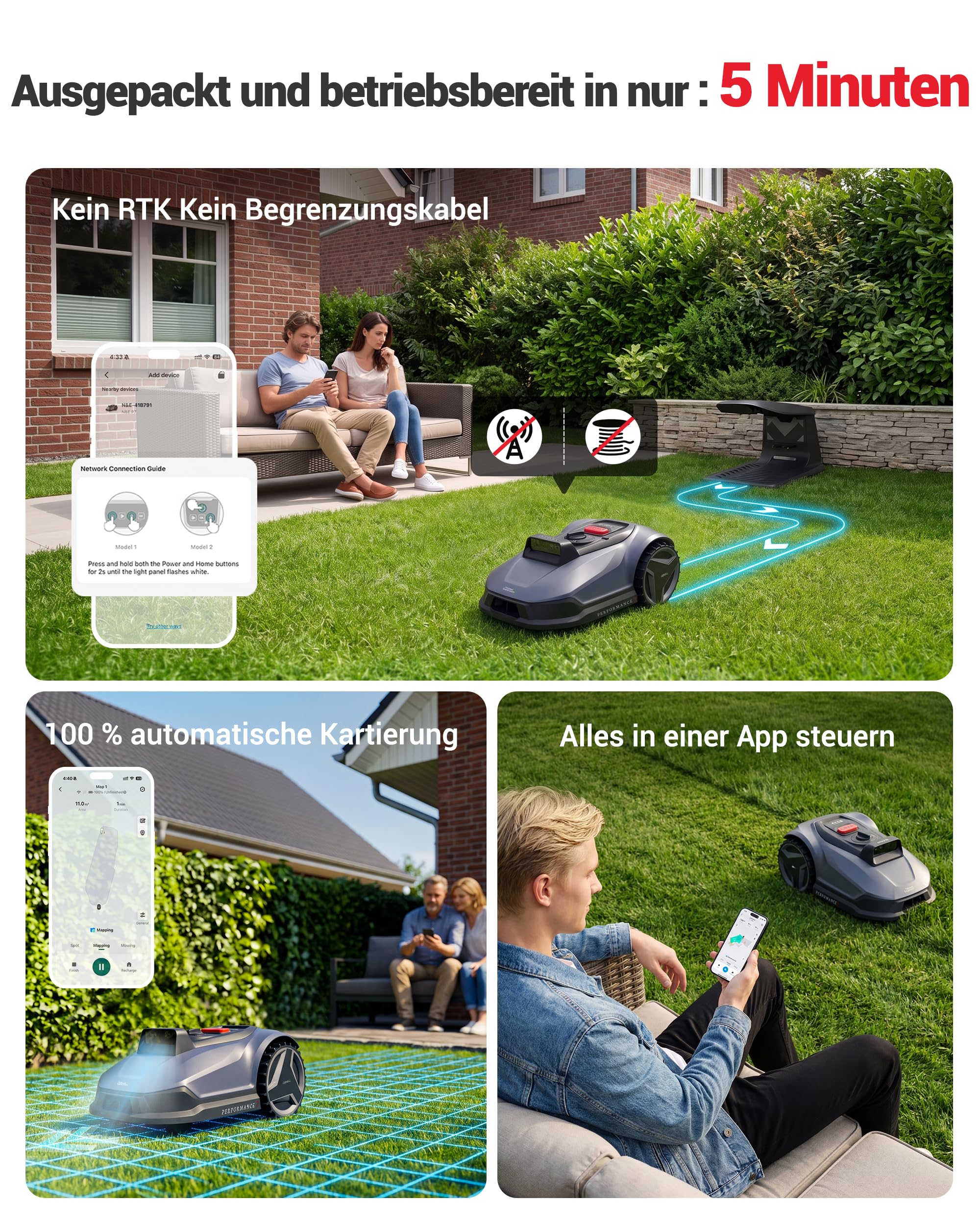 Natural Expressions Performance 7 Mähroboter ohne Begrenzungskabel mit Garage, 500m² Rasenmäher kein RTK mit Vision 3.0 KI-Navigation, 5-Min-Installation, Hindernisvermeidung, Igelschutz