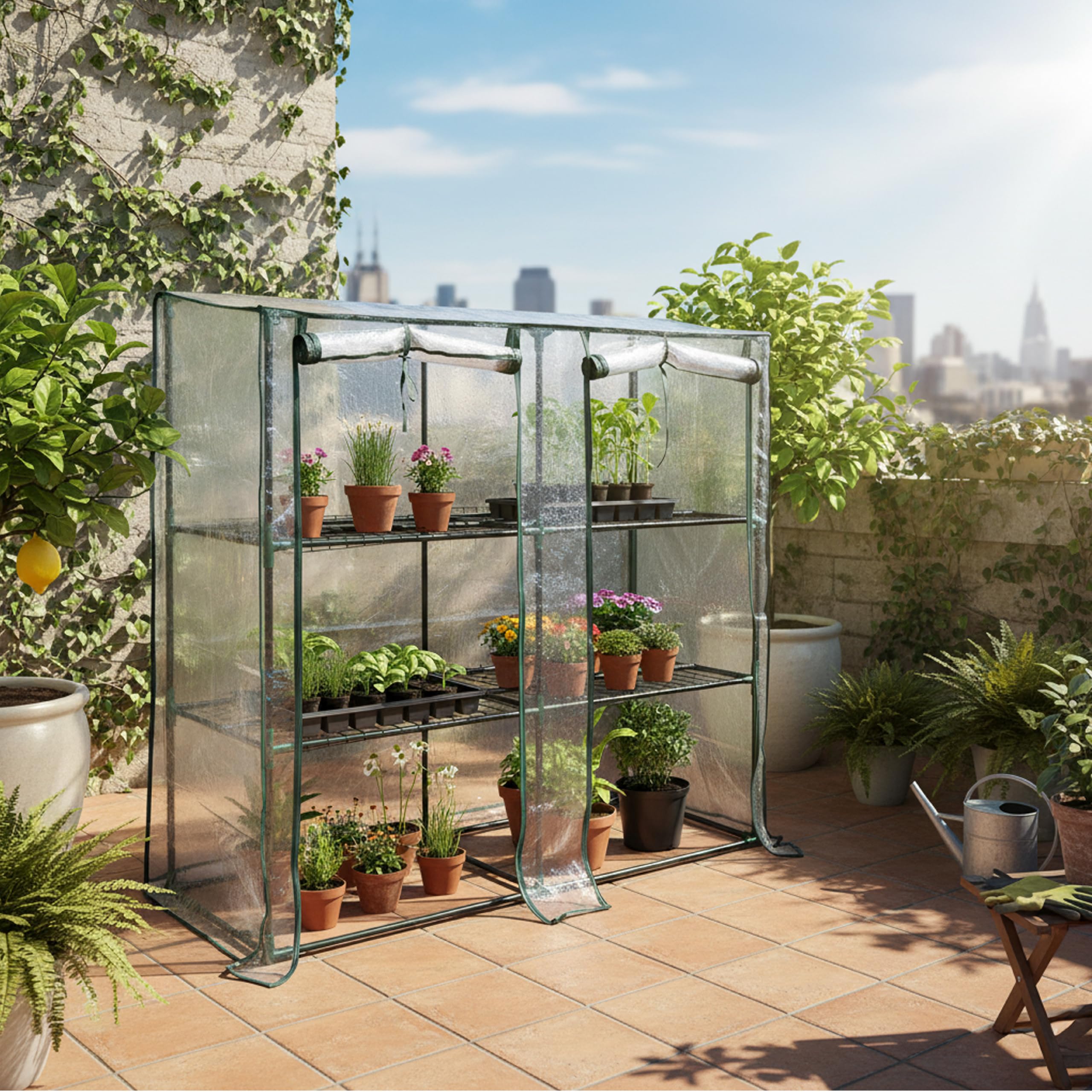 Baroni Home Serra da Giardino con Copertura in PVC Trasparente, Telaio in Acciaio Resistente, Porta Avvolgibile con Cerniera, Protezione da Pioggia, Vento e Uccelli (3 ripiani a muro)