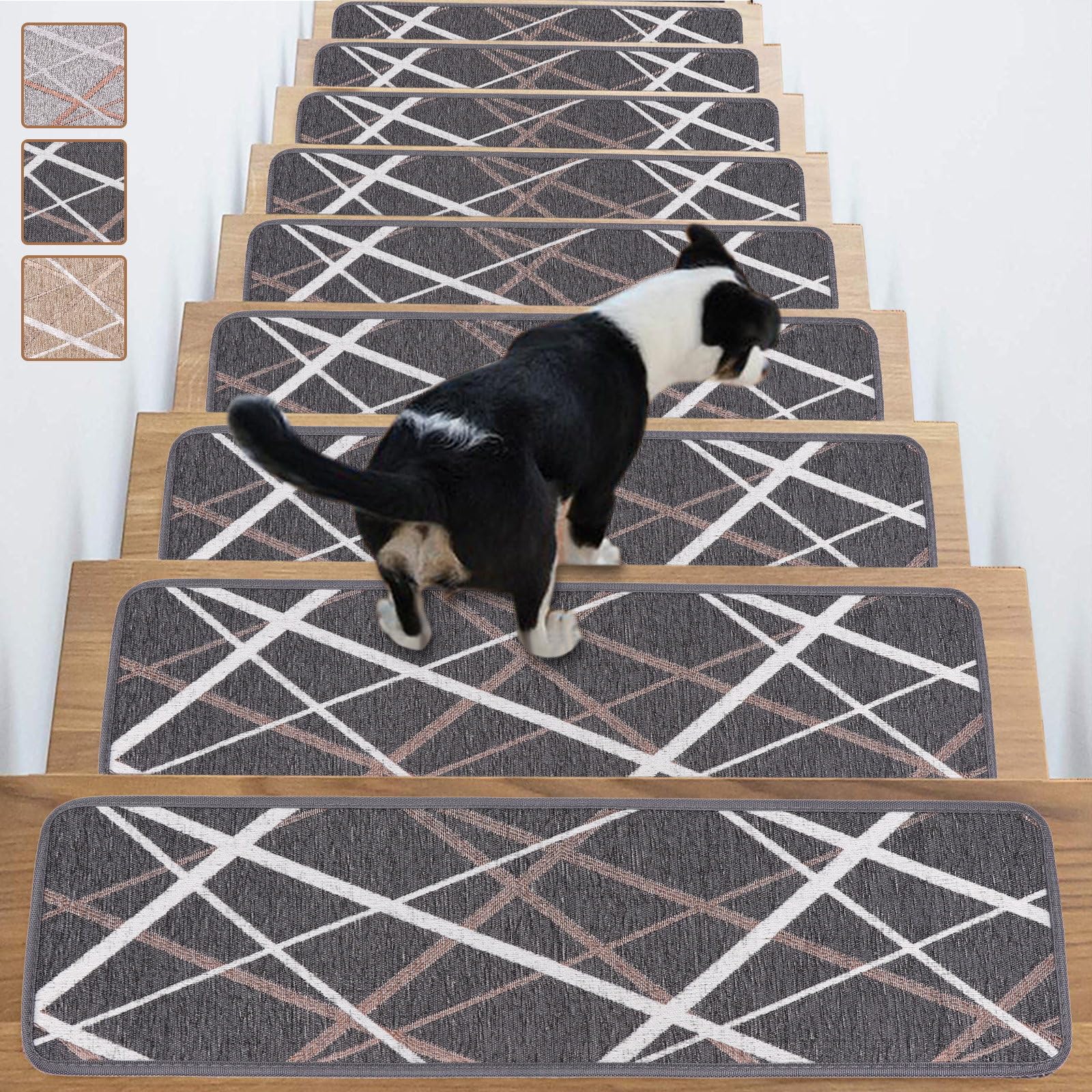 ANTDLE Stair Treads Non Slip,15 Pack 30inX8.25in Stair Runners Carpet Mats Indoor Stair Treads for Wooden Steps,Peel and Stick Stair Rugs with Reusable Adhesive for Kids and Dogs,Dark Grey