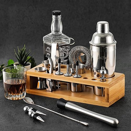 Miniatura 3 de Kit de coctelera  Juego de herramientas de bar  Kit de barman profesional de 16 piezas con soporte de bambú natural - 55 libros de recetas de cóctel