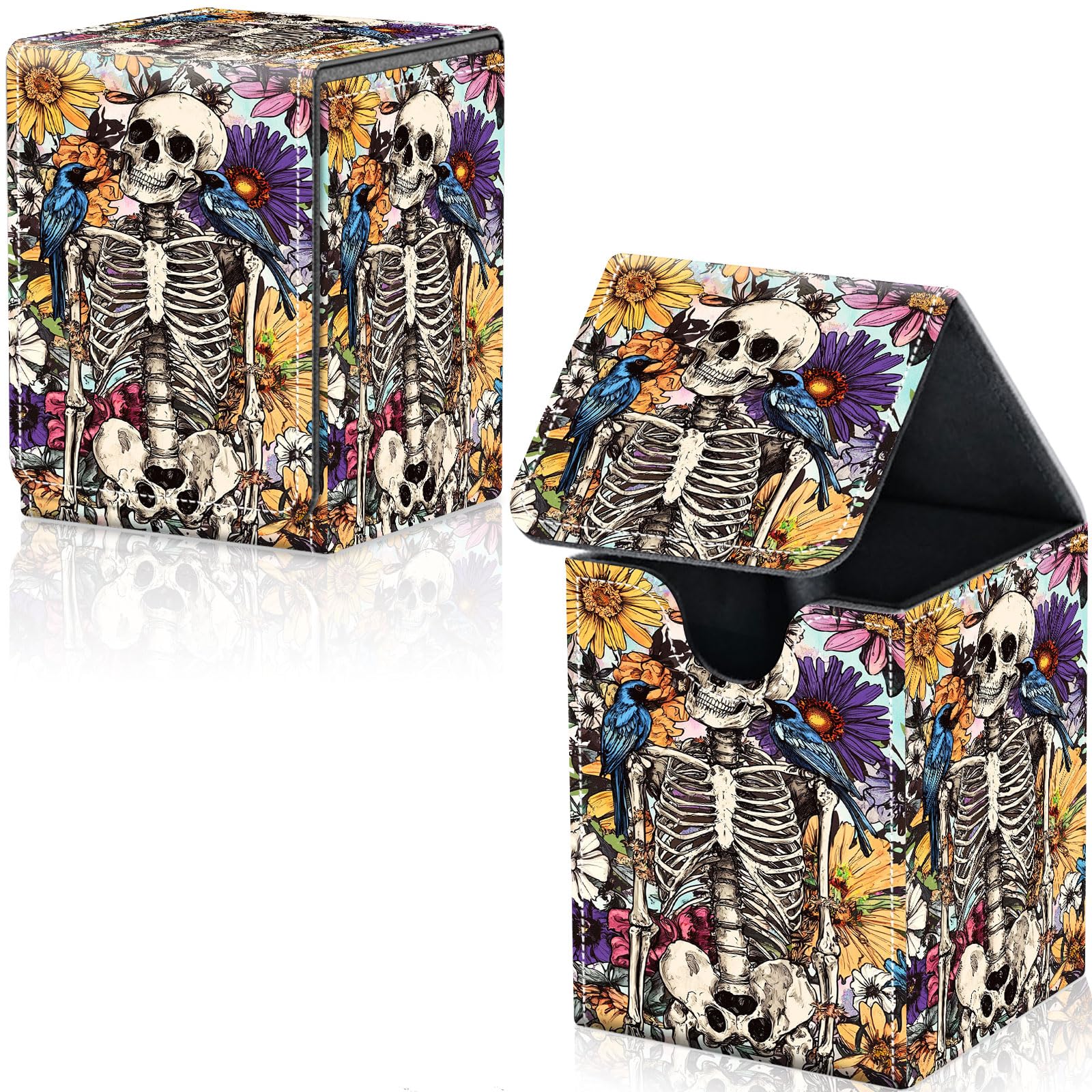 Qindaiwen Card Deck Box for Trading Cards, MTG Deck Box Fits 100+ Single Sleeved Cards, PU Leather Strong Magnet Card Deck Case Holder for Magic Commander TCG CCG, Skeleton with Birds