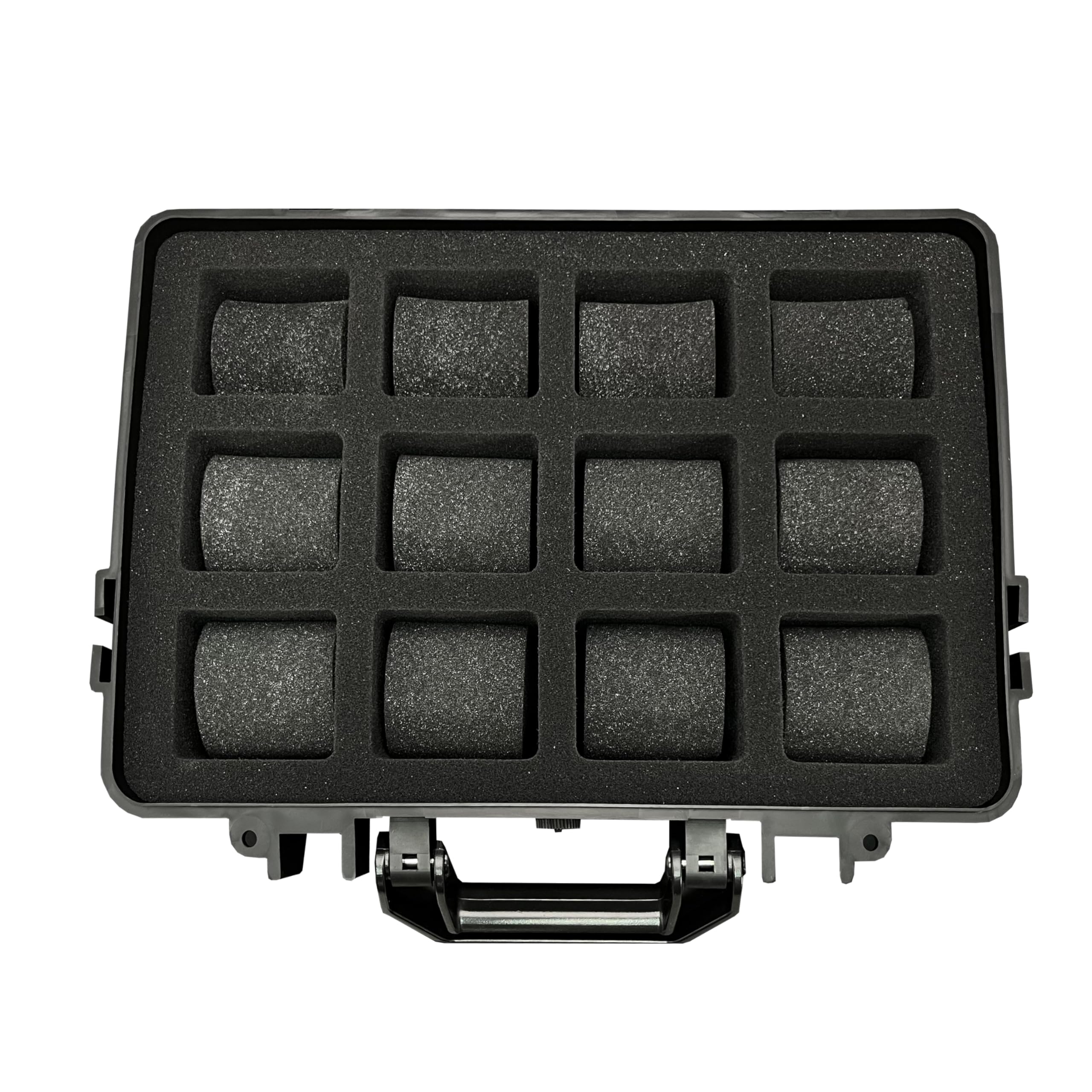 MR Maestro Relojero - Caja de Almacenamiento de Relojes Resistente al Agua y Golpes | 12 Compartimentos Acolchados | Válvula de Alivio Barométrica, Negro, para 12 Relojes, PVC Alto Grado