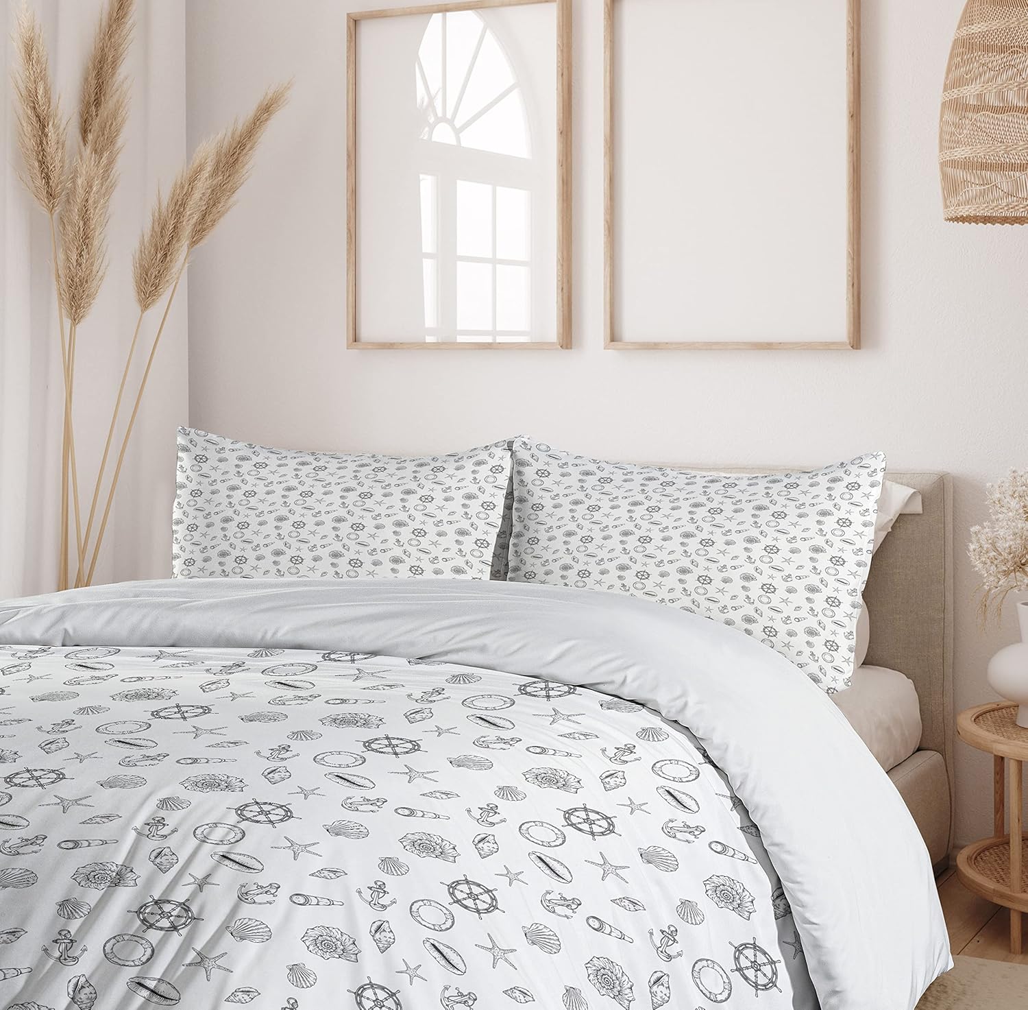 Ambesonne Sea Shells Duvet Cover Set, Hand Drawn Monochrome Nautical Elements Helm Anchor Starfish Design, Decorative 2 Piece Bedding Set with 1 Pillow Sham, Twin Size, White and Charcoal Grey