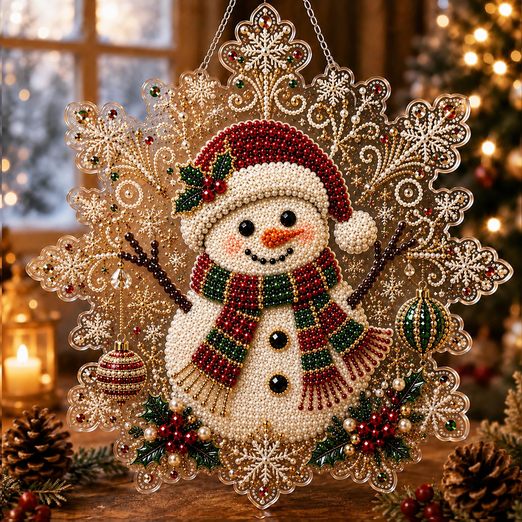 Christmas Diamond Art Kits for Adults, Pearl Diamond Painting Suncatcher Kit DIY Craft 3D Pre-Assembled Metal Chain Acrylic Snowflake Shape Board with Lace Edge Mixed-Sized Pearl Beads Craft