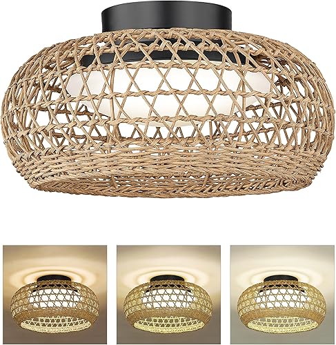 Miniatura 1 de Lámpara LED de techo de ratán de 12 pulgadas, HWH 12 W, luz de techo semiempotrada tejida a mano, luz bohemia con brillo regulable, 3000 K4000 K6500