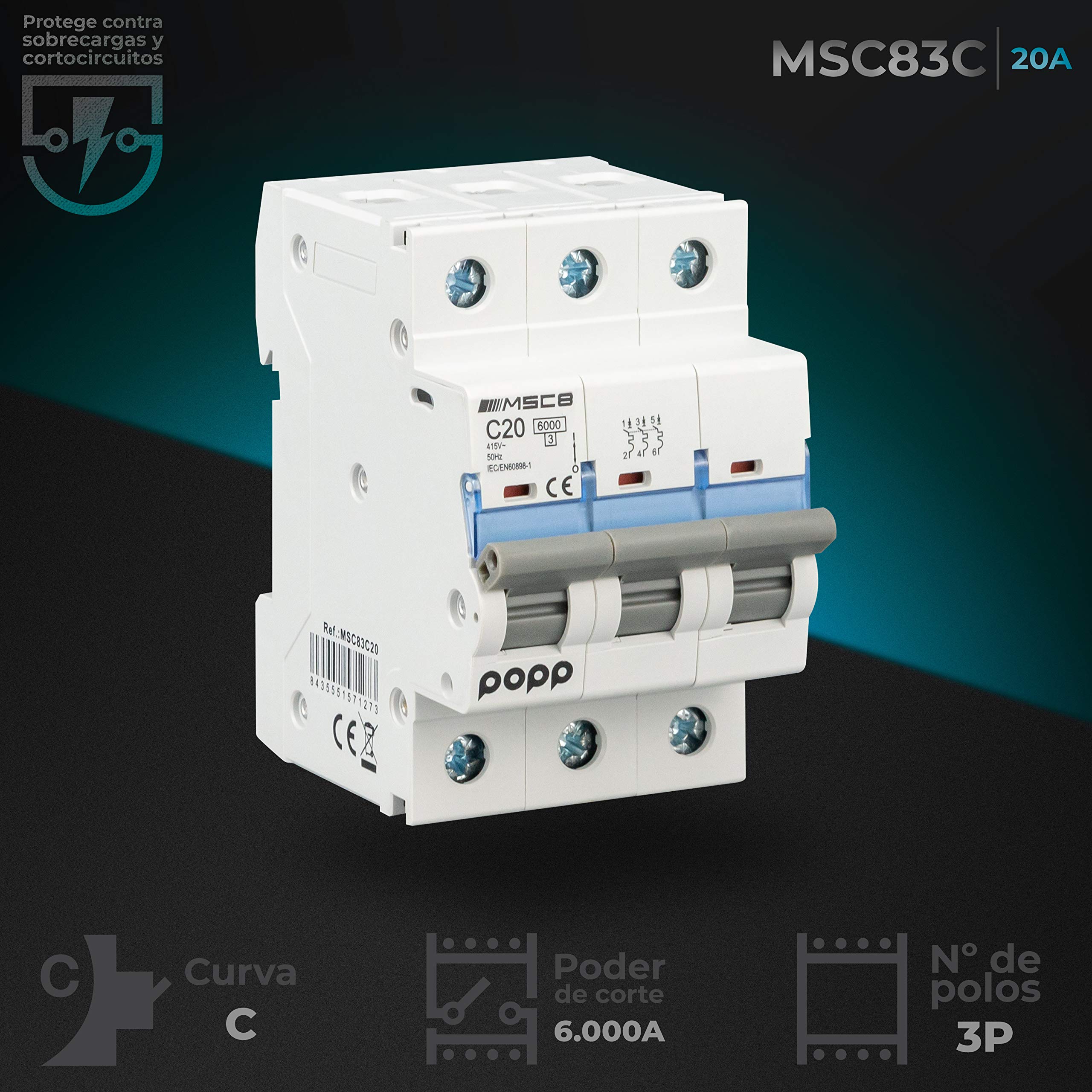 POPP® Electric Interruptor Automático Magnetotérmico 3 Polo serie MSC83 gama Industrial CURVA C corte 6000A 6A,10A,16A,20A,25A,32A,40A,63A Pack 4,8 (Pack 8 unidad, 20A)