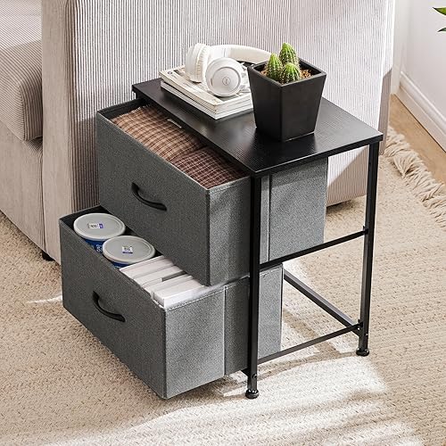 Miniatura 8 de Sweetcrispy Juego de 2 mesas auxiliares con 2 cajones para dormitorio, mesita de noche pequeña, muebles organizadores de almacenamiento, armario de