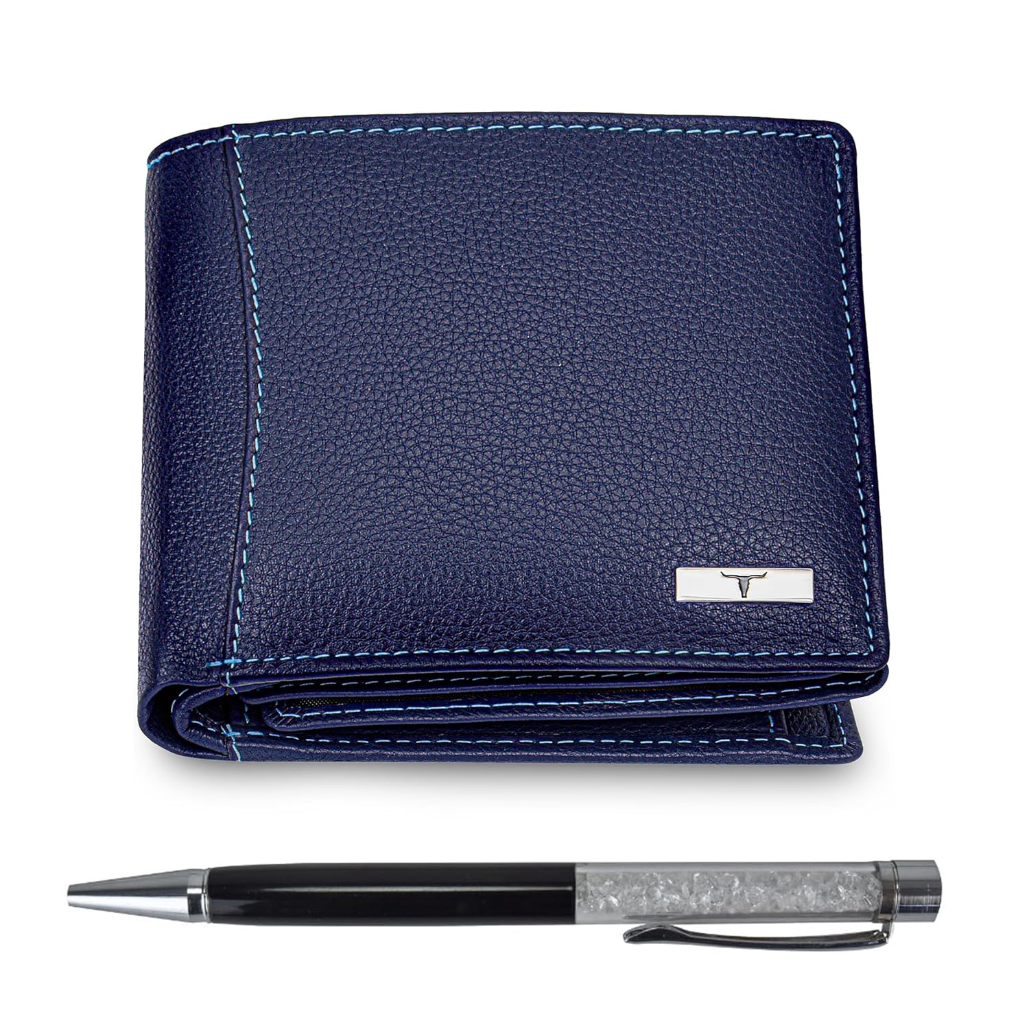 URBAN FOREST Ollin Nappa Blue Leather Wallet & Diamond Pen Combo Gift Set for Men