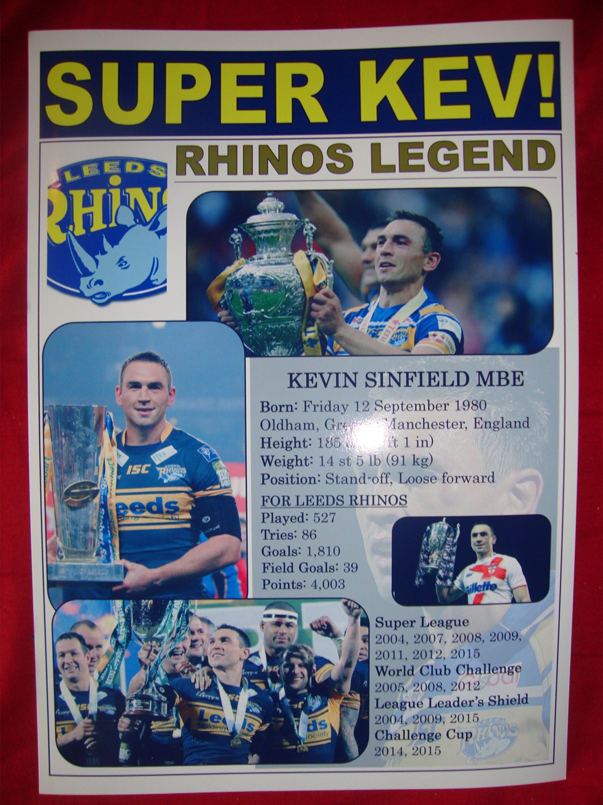 Lilywhite Multimedia White Lily Multimedia Leeds Rhinos Treble 2015 - Kevin Sinfield Tribute - Souvenir Print