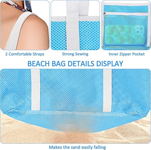 Miniatura 2 de Ayieyill Bolsa de playa de malla para mujer, plegable, grande, con bolsillos con cremallera, impermeable, a prueba de arena