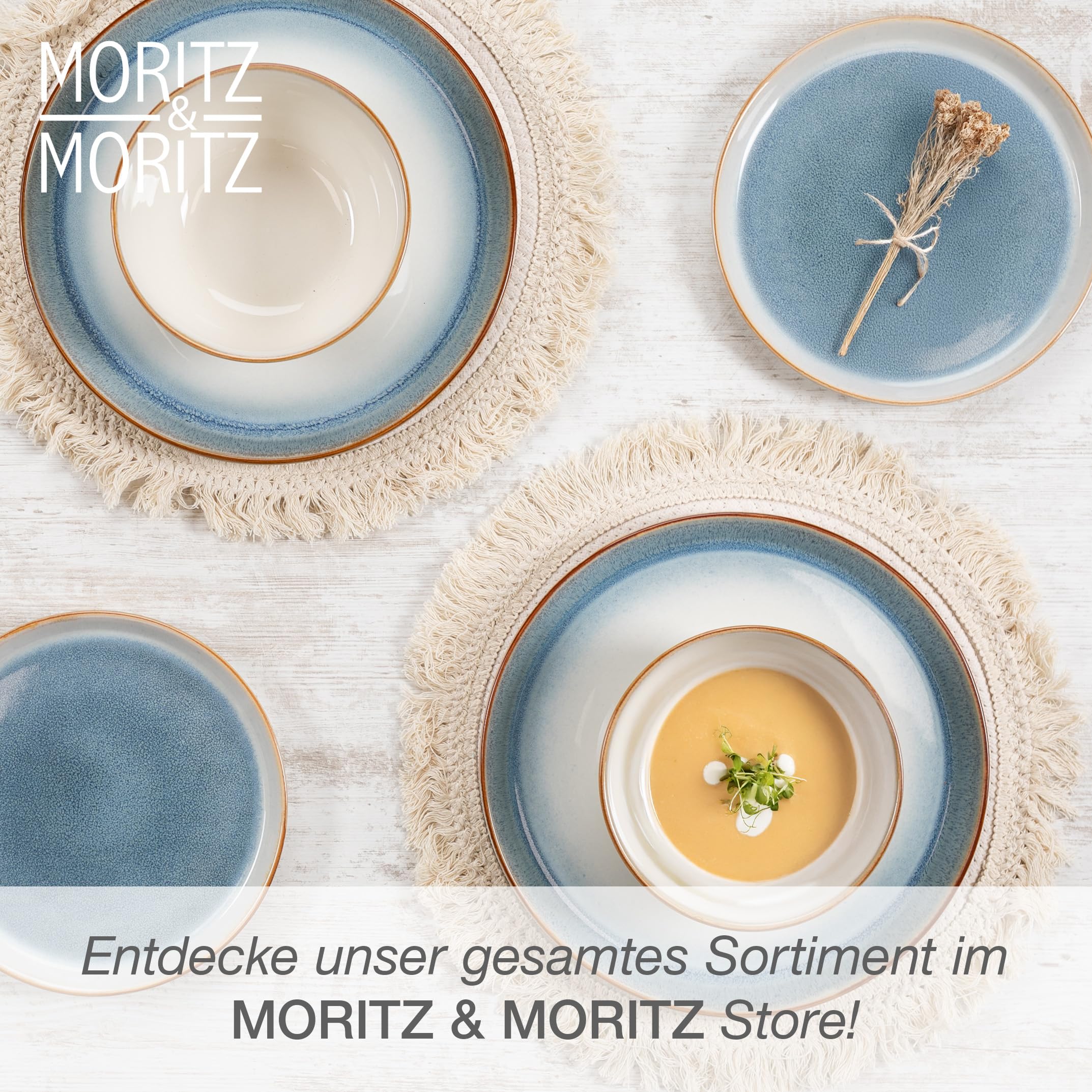 Moritz & Moritz TARENTO Service de table 24 pièces pour 6 personnes Bleu – Élégant ensemble d'assiettes en grès de qualité supérieure – Set de vaisselle composé de 6 assiettes à dîner, 6 assiettes à