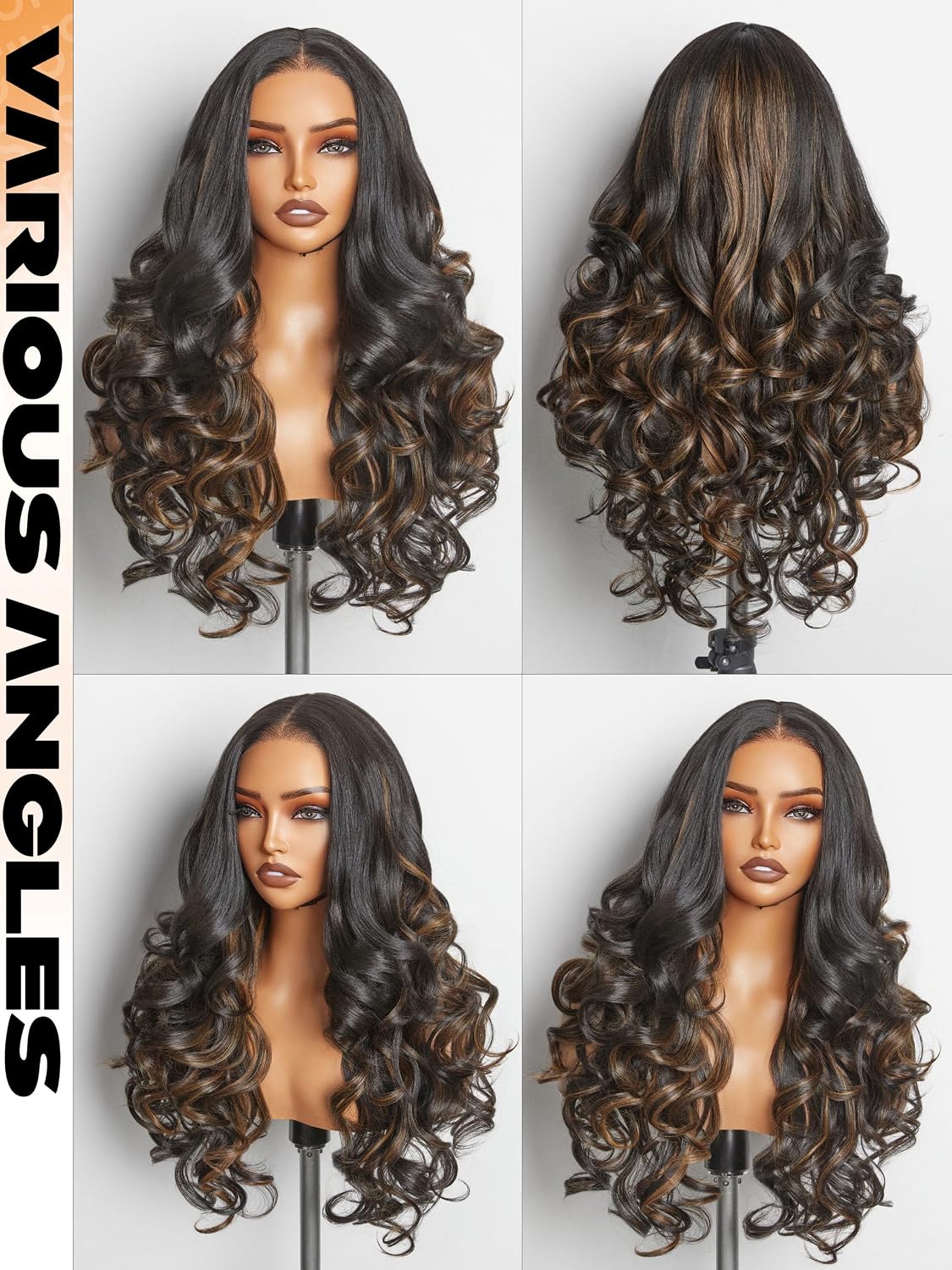 GORGIUS Brown Highlight Loose Body Wave Lace Front Wig Pre Cut Glueless Synthetic Wig Pre Plucked Pre Bleached Middle Part Closure Wig For Women Natural Hairline 24 Inch