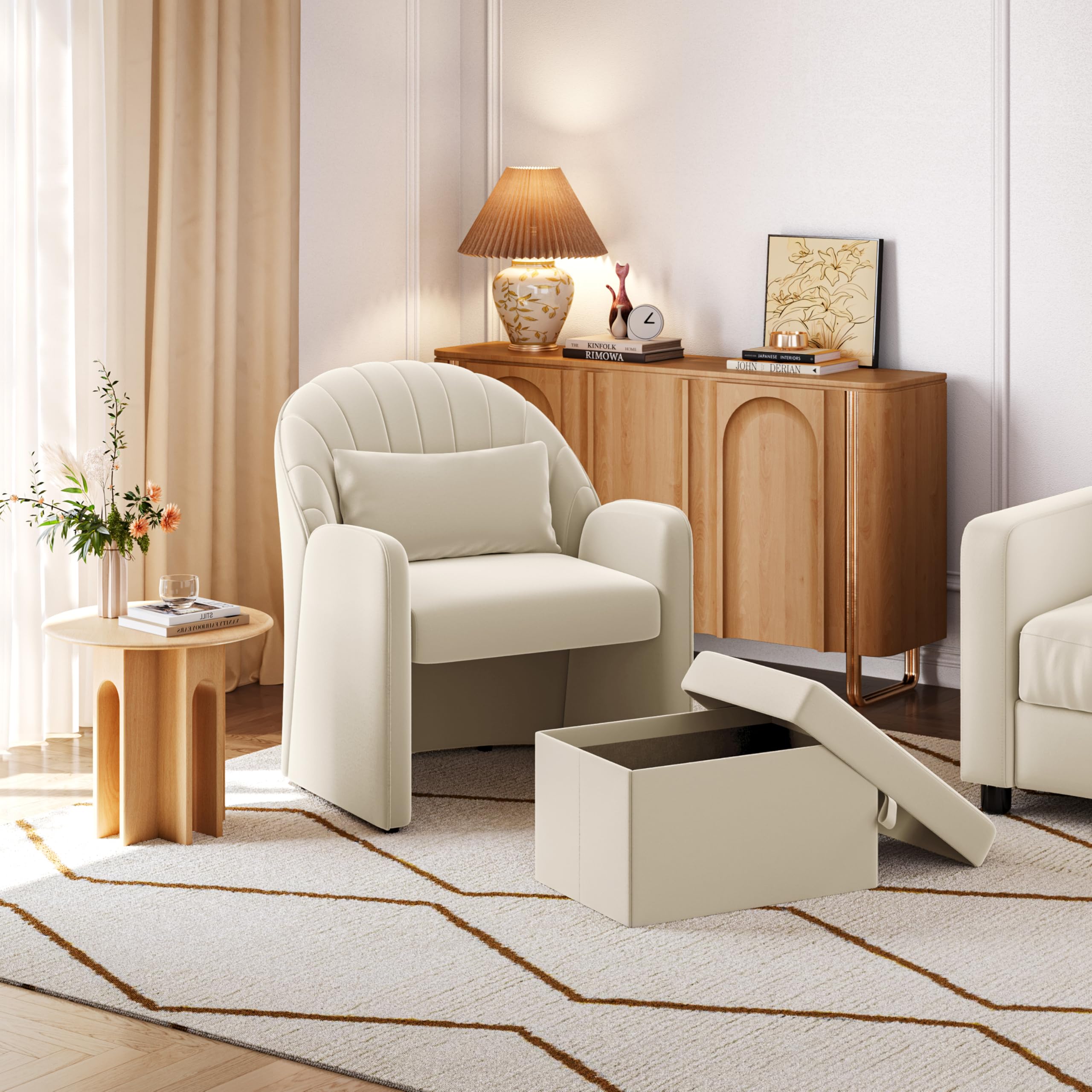 Yaheetech Piccola Poltrona Salotto Moderna Sedia Imbottita con Effetto Velluto con Poggiapiedi Contenitore e Cuscino Lombare Poltrocina Relax con Braccioli per Soggiorno Camera da Letto Lettura Beige