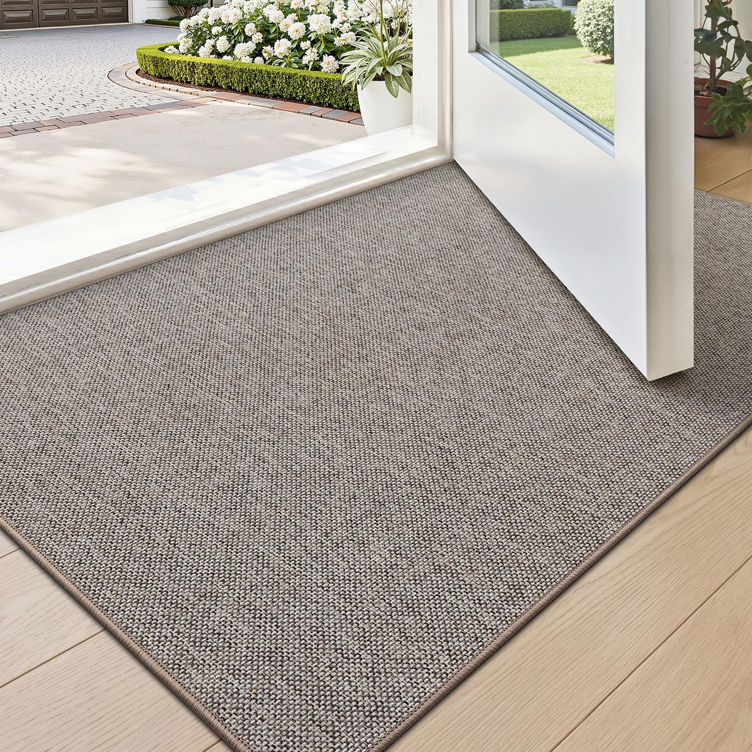 LUMI Ultra Thin Door Mat for Entryway, 20"x32" Low Profile Non Slip Rubber Backing Indoor Doormat, Easy Clean Welcome Entrance Mat for Inside House, Patio, Khaki
