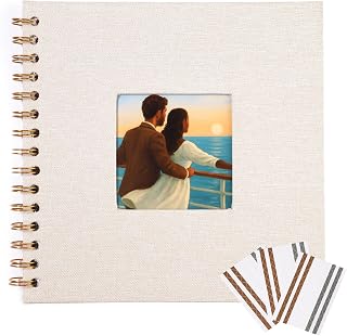 Beige Linen Scrapbook with Photo Window, 7x7 Inch Hardcover Album, 40 White Pages + Corner Stickers, DIY Memory Book for Wedding, Baby, Travel