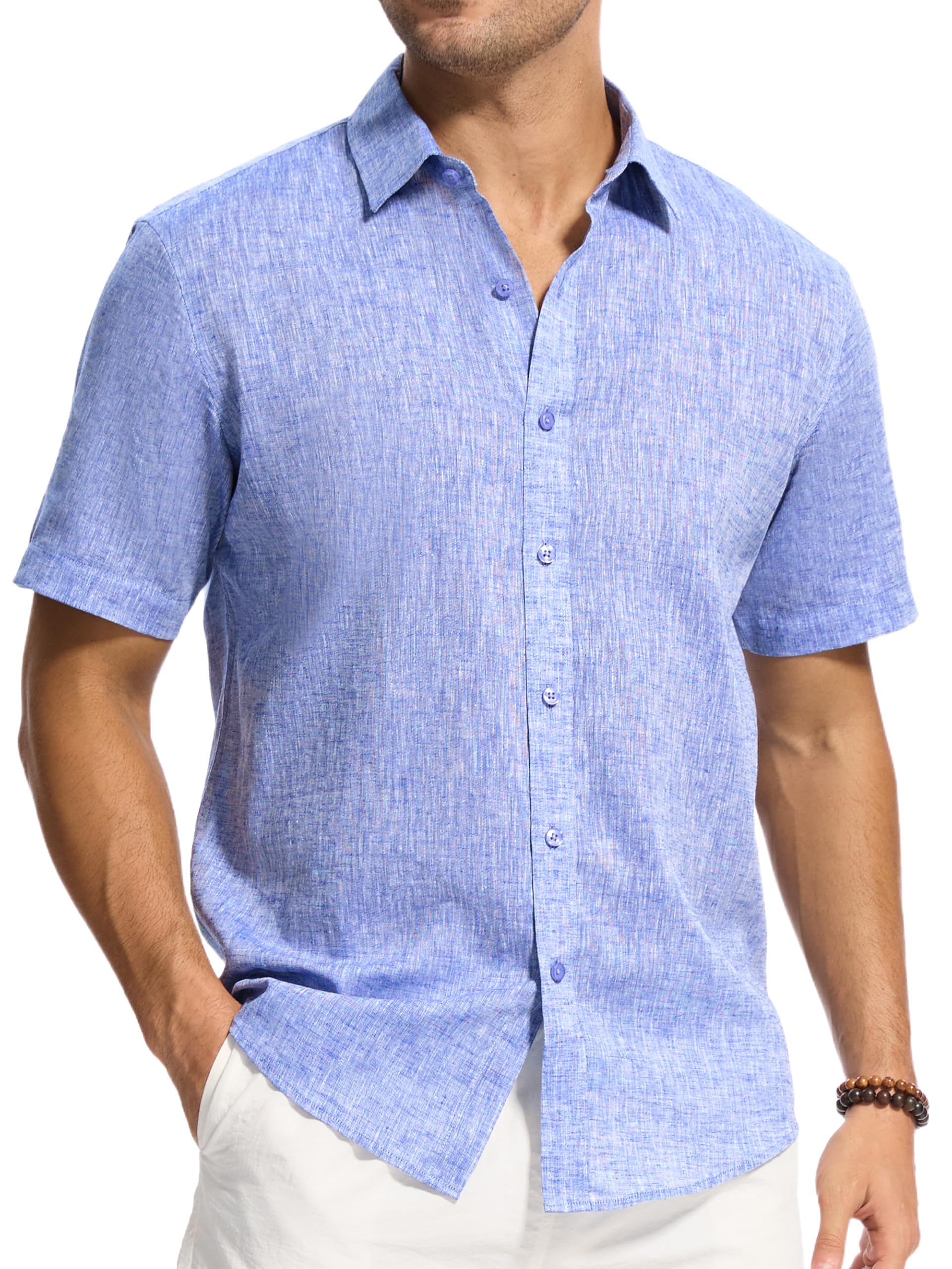 GIANZEN Button Down Linen Shirts for Men Short Sleeve Button Up Summer Shirt Casual Beach Regular Fit Lightweight Breathable