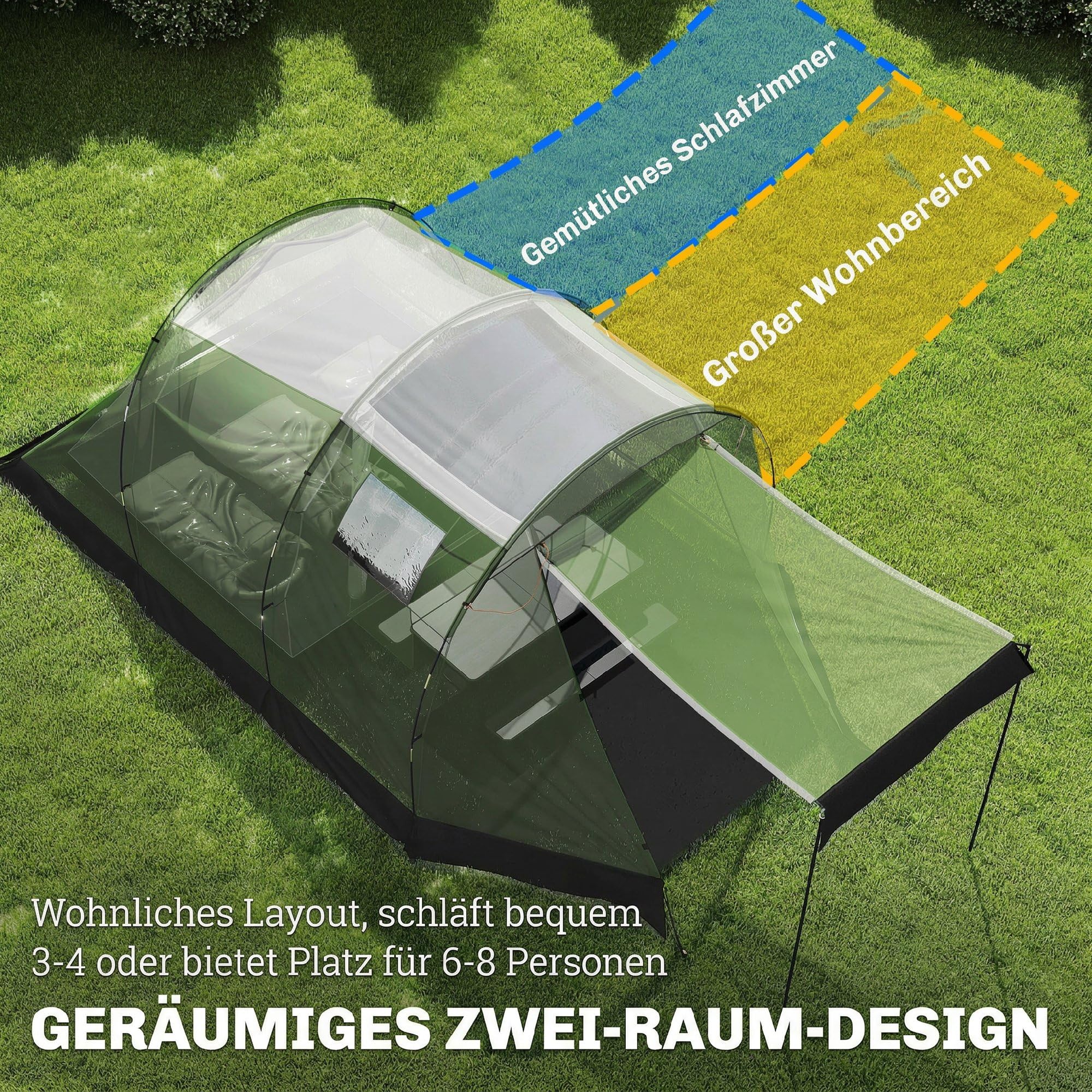 Outsunny Campingzelt für 3-4 Personen stabil wasserdicht Familienzelt mit Schlafkabine Vorraum Wohnbereich Kuppelzelt mit 3000mm Wassersäule Tunnelzelt Zelt für Camping Reise, Grün