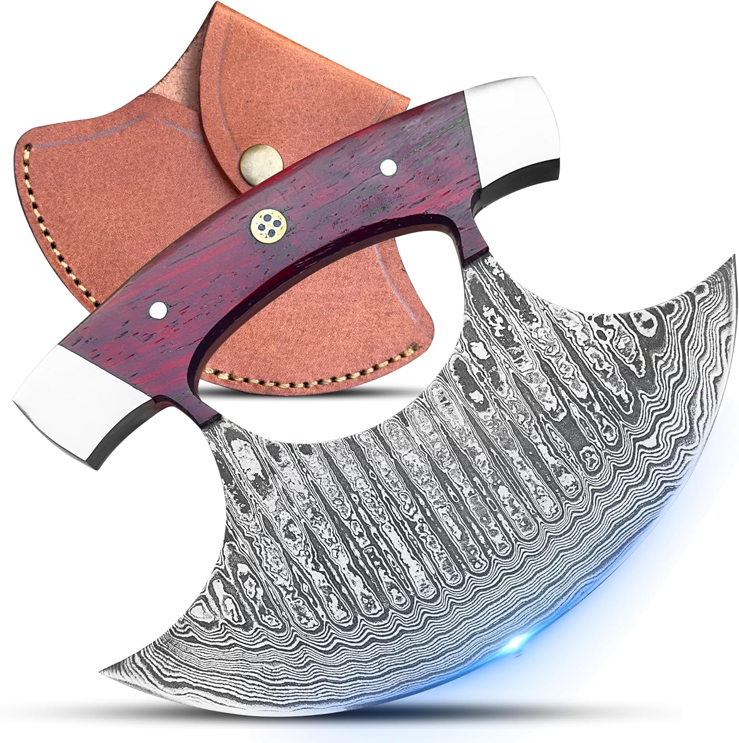 Handmade Alaskan Ulu Knife with Leather sheath – Full Tang Damascus Steel ulu knives with Leather Sheath, Mezzaluna Vegetable Chopper & Pizza Cutter for Kitchen, Camping & BBQ, Gifts for Men (Red)