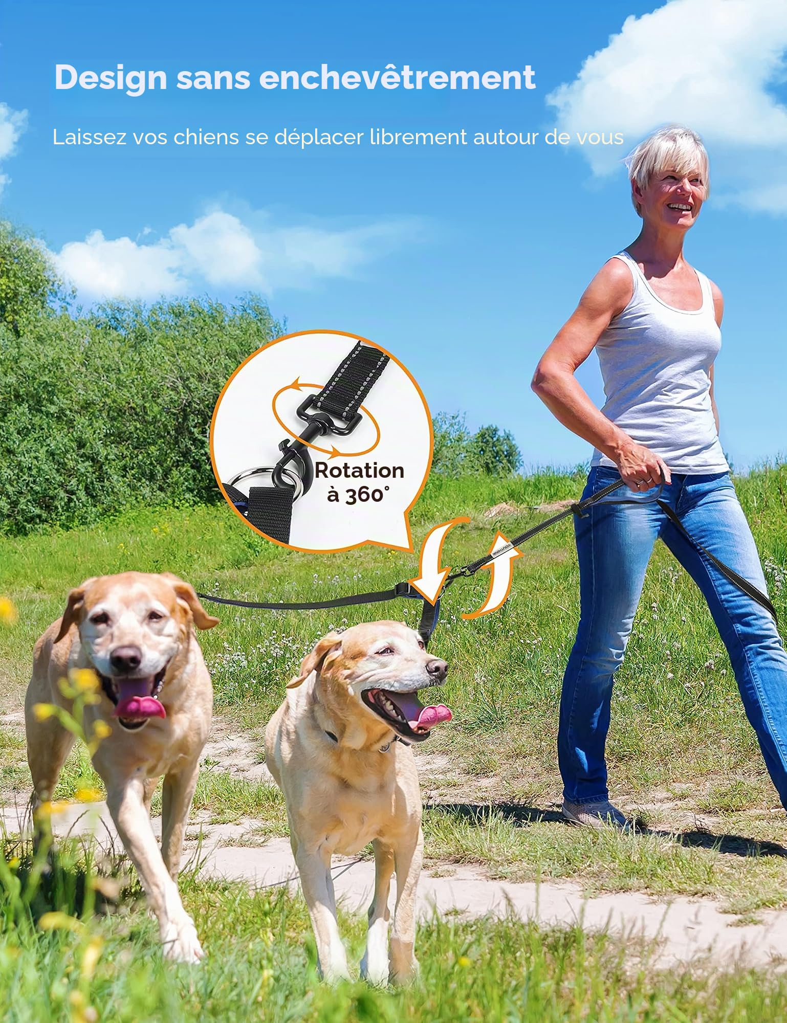 YOUTHINK Laisse Double pour 2 Chiens, Laisse de Dressage Réglable, Élastique 2m Réfléchissant en Nylon, 360º sans Enchevêtrement