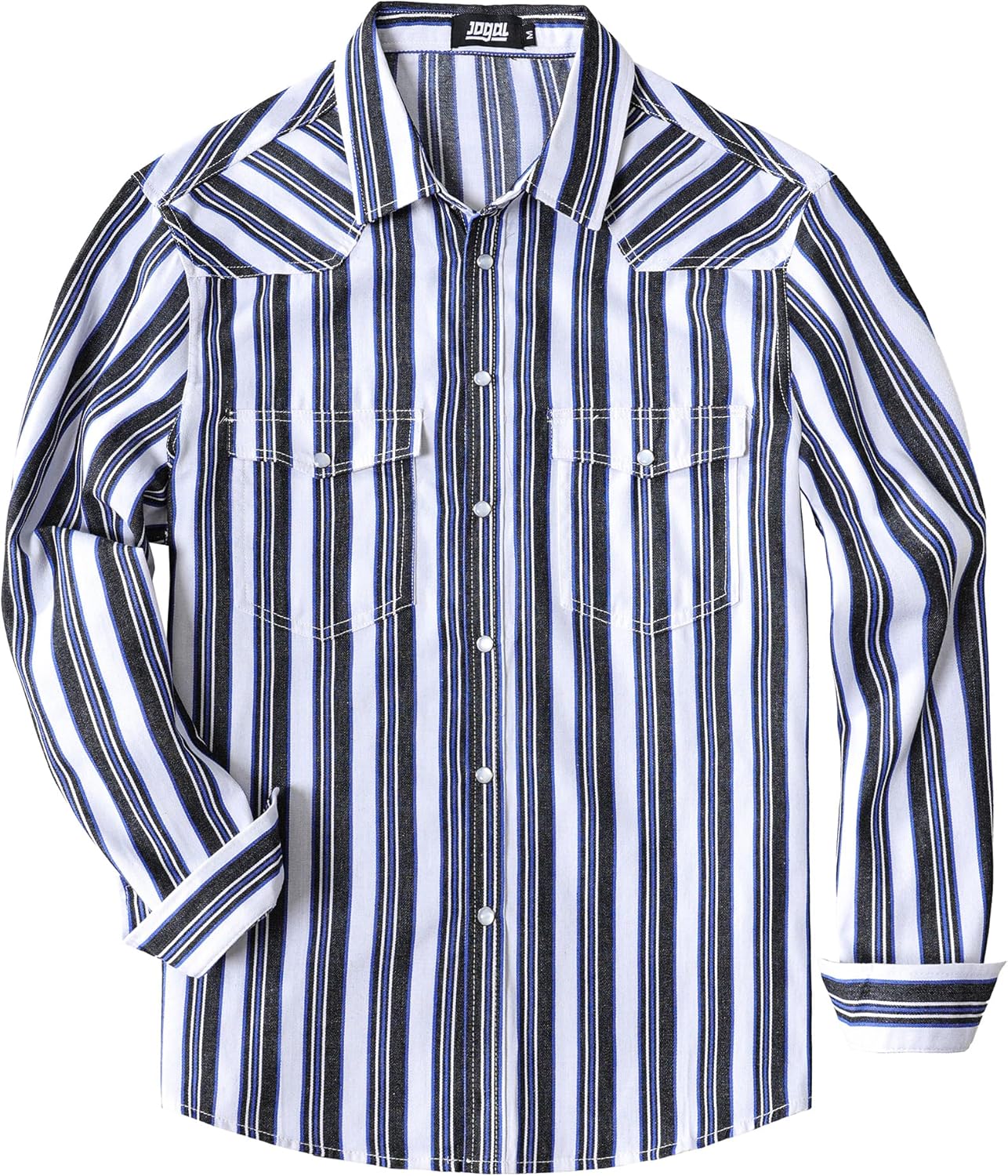 JOGAL Mens Striped Western Shirts Long Sleeve Pearl Snap Casual Cowboy Shirt Regular Fit Work Shirts with Two Pockets