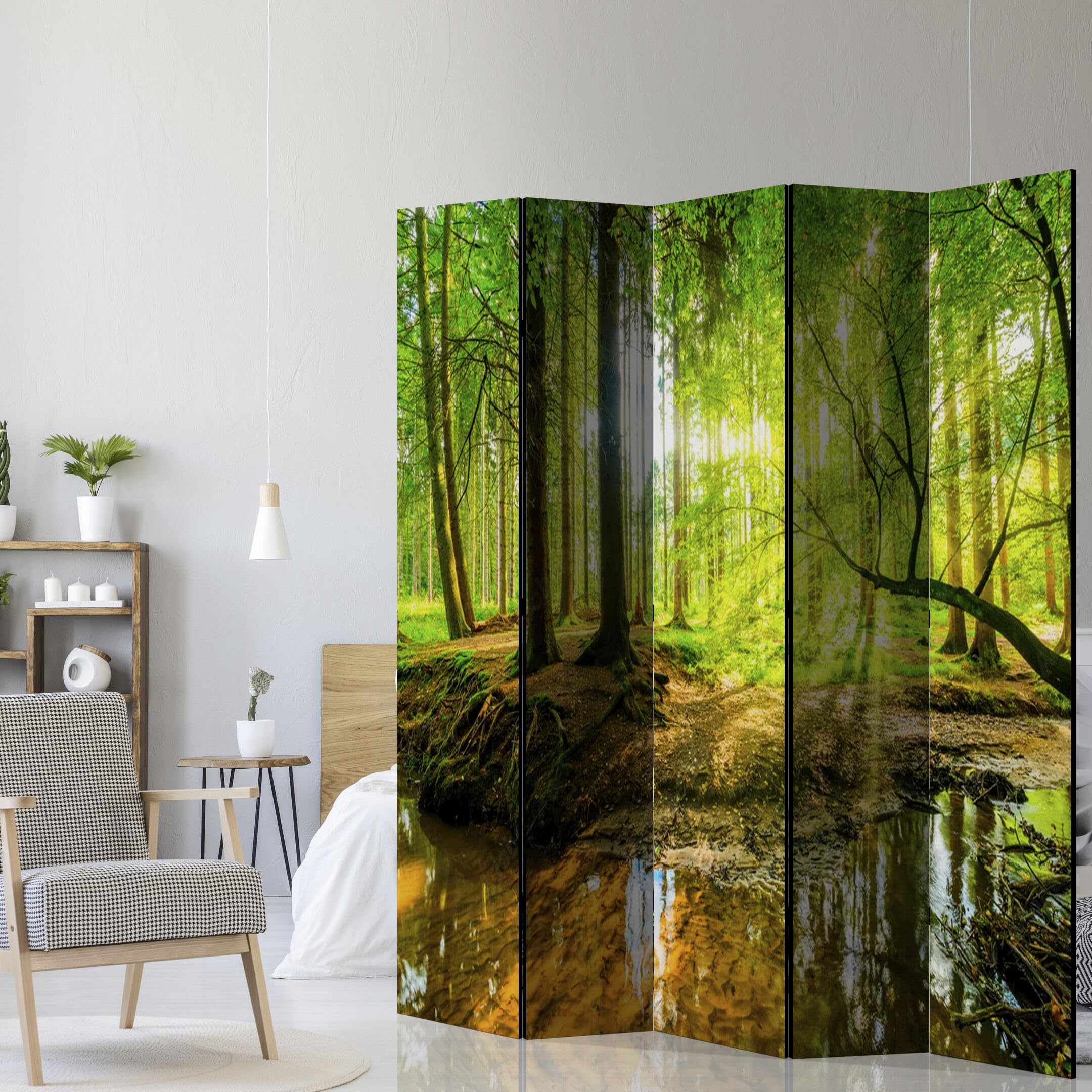 Separe Divisorio Interno Bifacciale - Paravento da Interno 5 Pannelli Divisorio per Ambienti - Divisori per Interni con Motivo Bosco - 225x172 cm | Parte anteriore con motivo, retro neutro, pieghevole, autoportante e decorativo