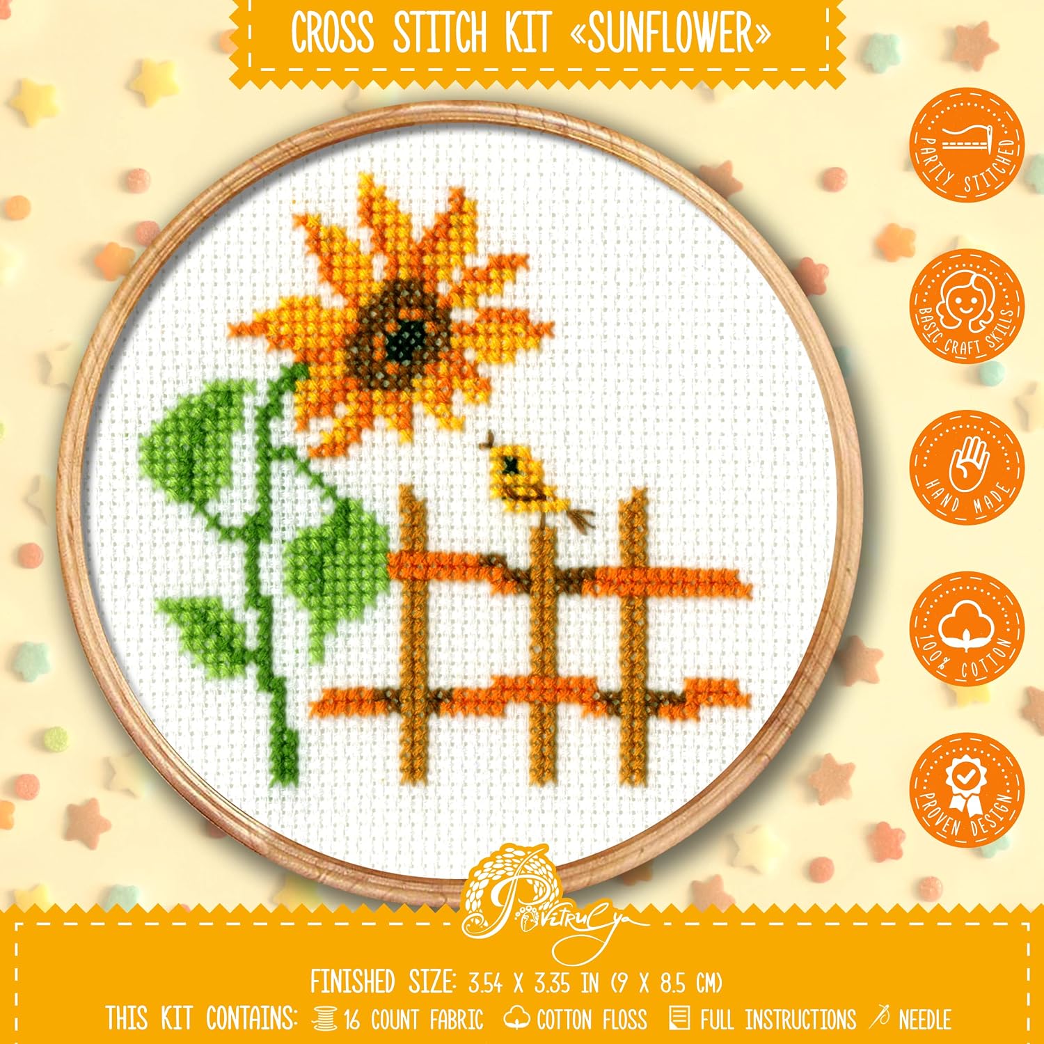 Povitrulya Easy Counted Cross Stitch Kit 'Sunflower' - Floral Hand Embroidery Design with Paper Pattern, Aida 14 Count Fabric and Pre-Sorted Floss