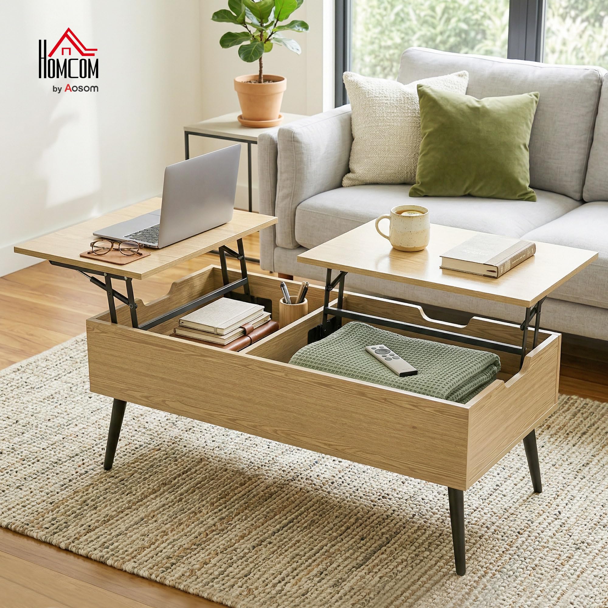 HOMCOM Table Basse Relevable avec Double Plateau 100x50x58 cm Bois Naturel
